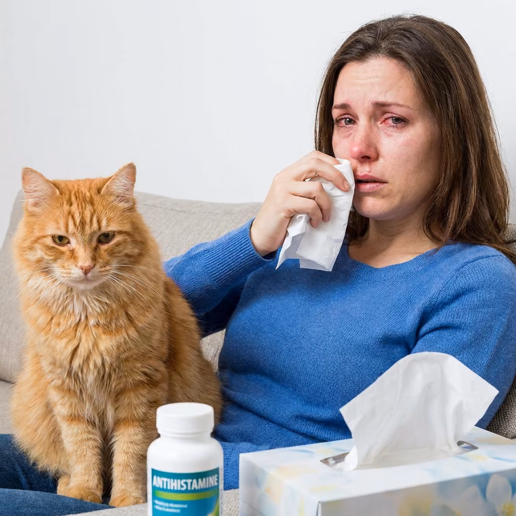 A woman sitting next to a long-haired orange cat on a couch, wiping her watery eyes and runny nose with a tissue next to a tissue box and a bottle labeled "Antihistamine."