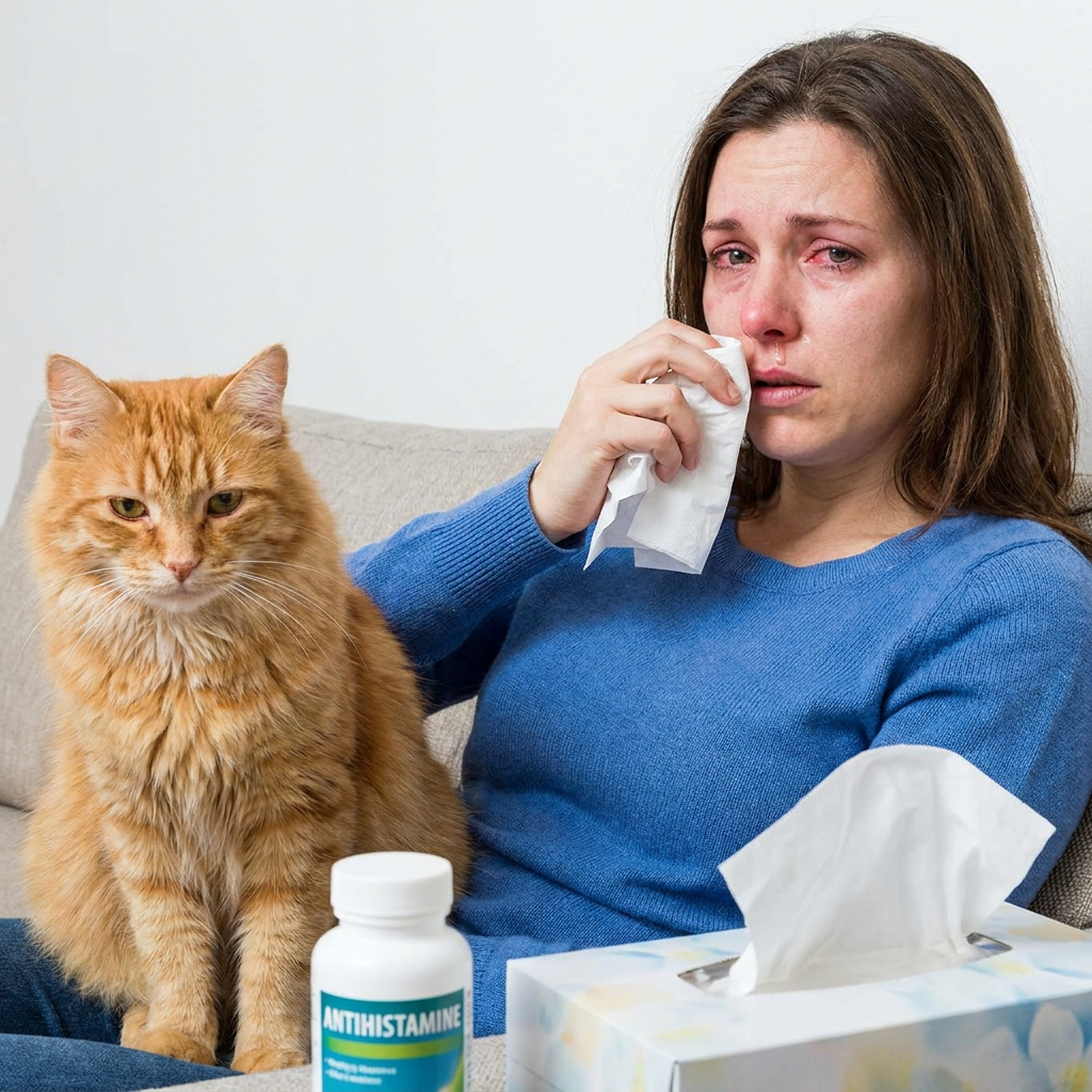 A woman sitting next to a long-haired orange cat on a couch, wiping her watery eyes and runny nose with a tissue next to a tissue box and a bottle labeled "Antihistamine."