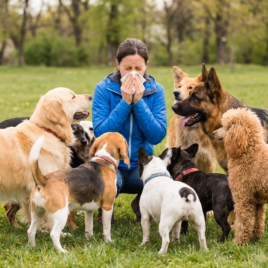 A woman sitting outdoors in a grassy park, sneezing into a tissue while surrounded by a large group of curious dogs.