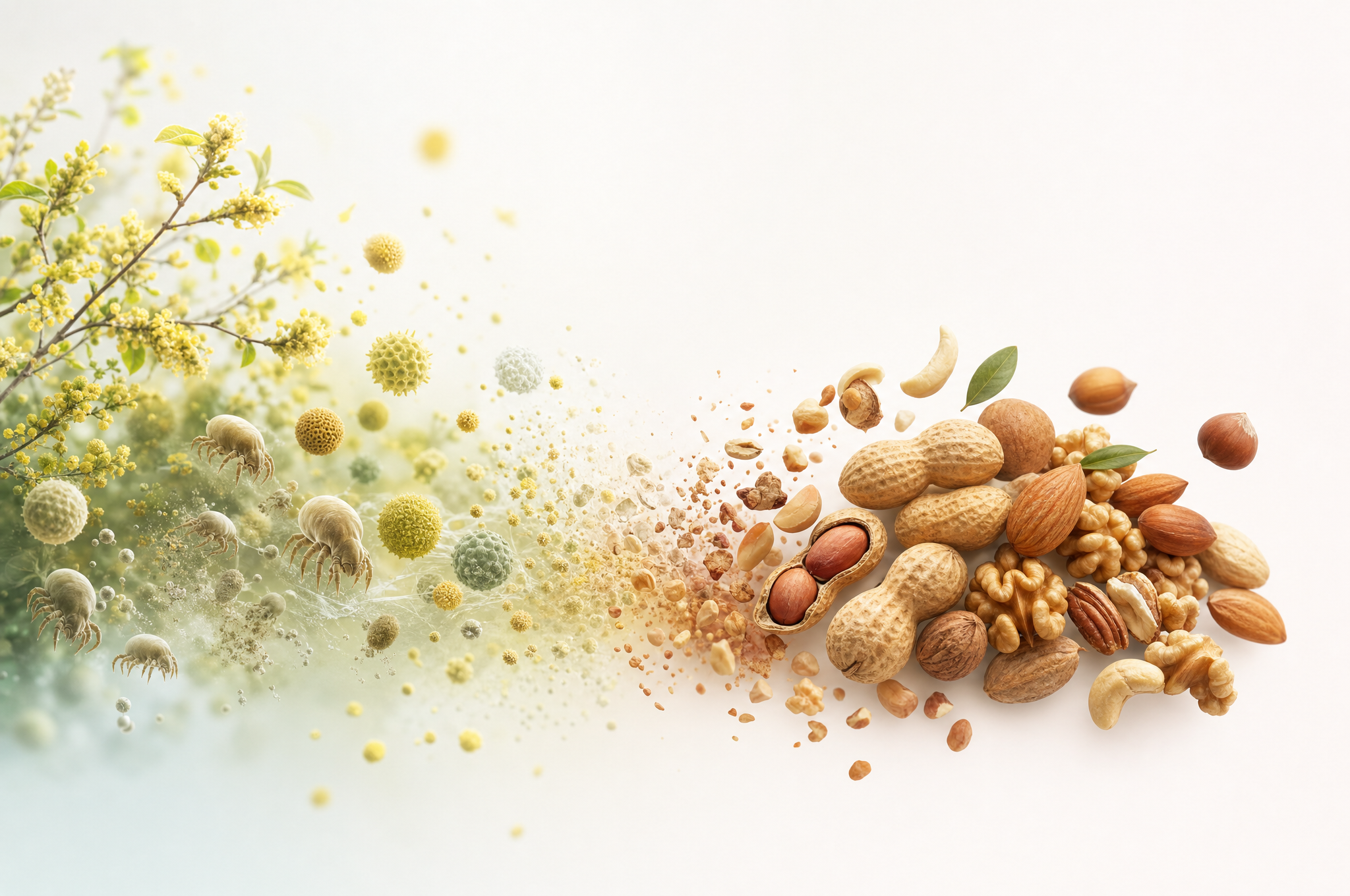 Illustration on a white background showing blooming plants, microscopic pollen, and dust mites on the left dissolving into particles that merge with crumbling peanuts and tree nuts on the right, representing common allergens.