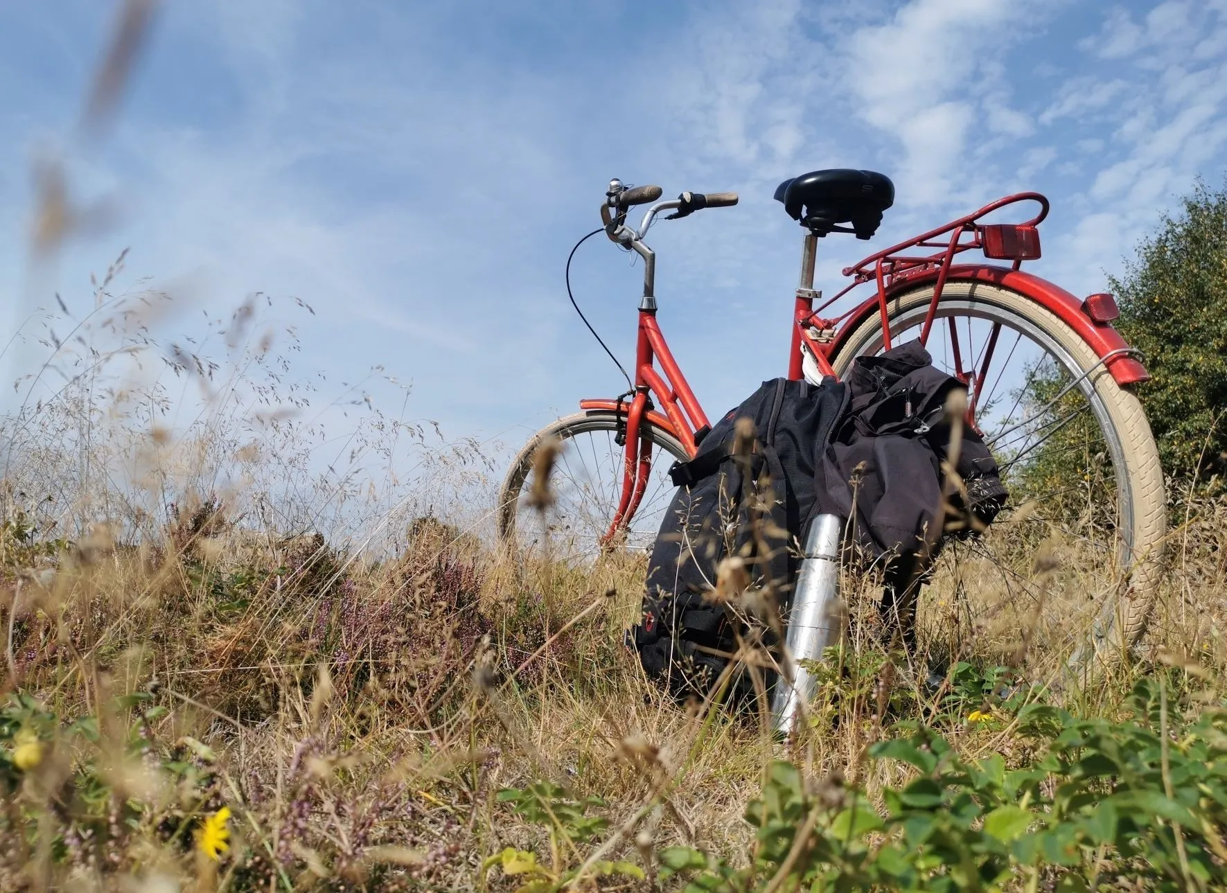 Red bicycle with black backpack and jacket parked in dry grass under a blue sky.