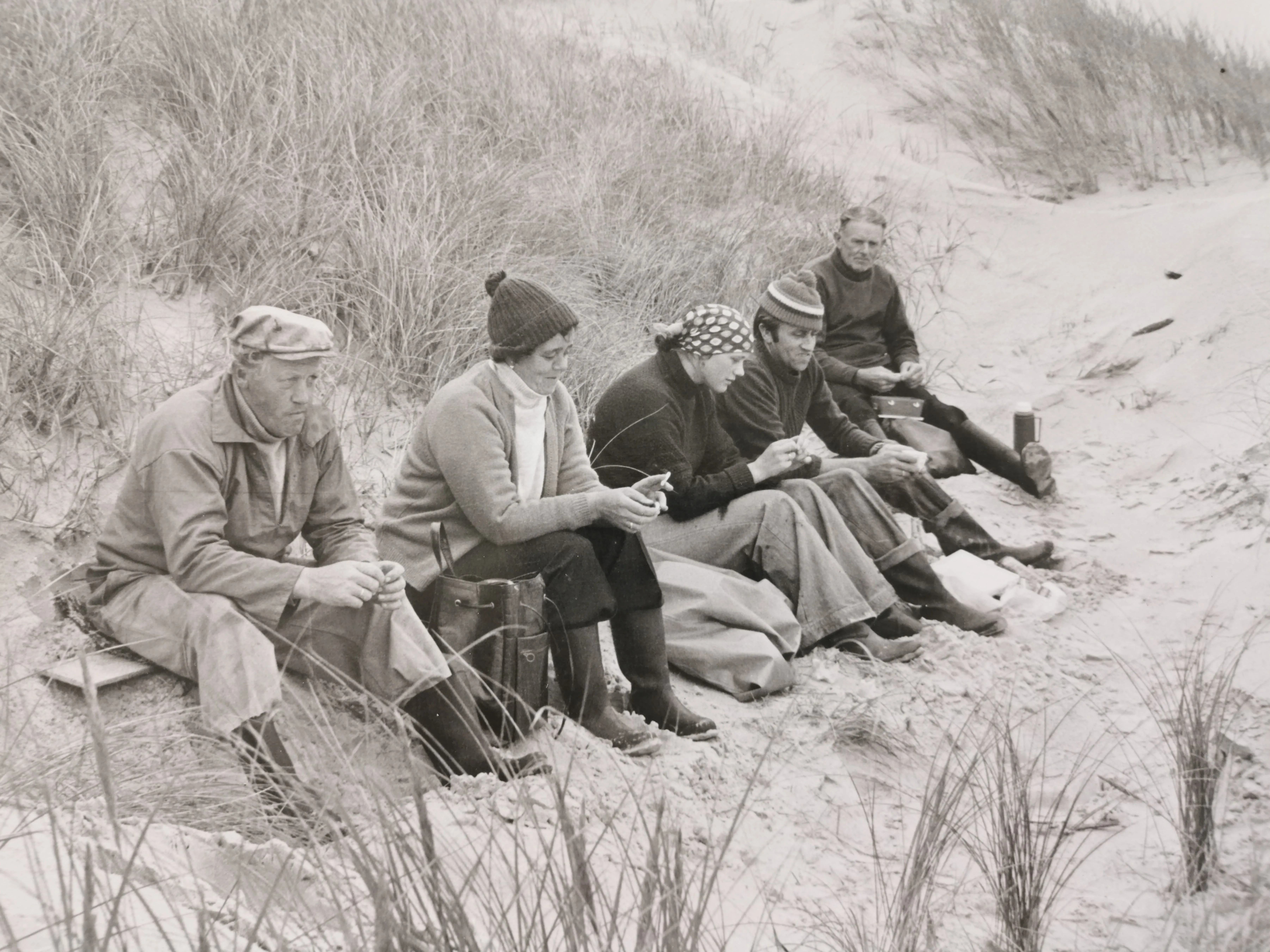 Fünf Personen sitzen in warmer Kleidung und Stiefeln auf einer Sanddüne an der Küste und pflücken Pflanzen oder Wurzelstücke.