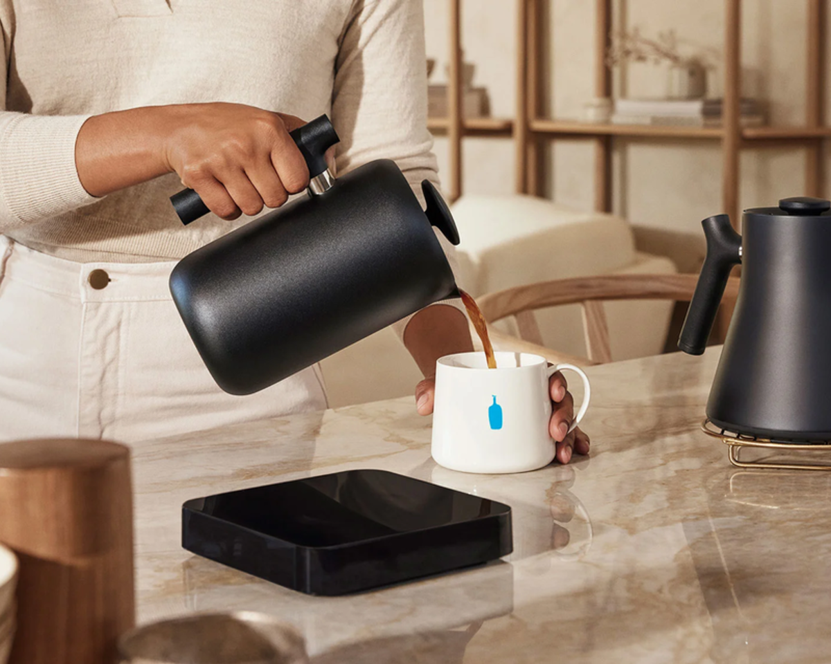 Blue Bottle Coffee pour-over set on marble countertop