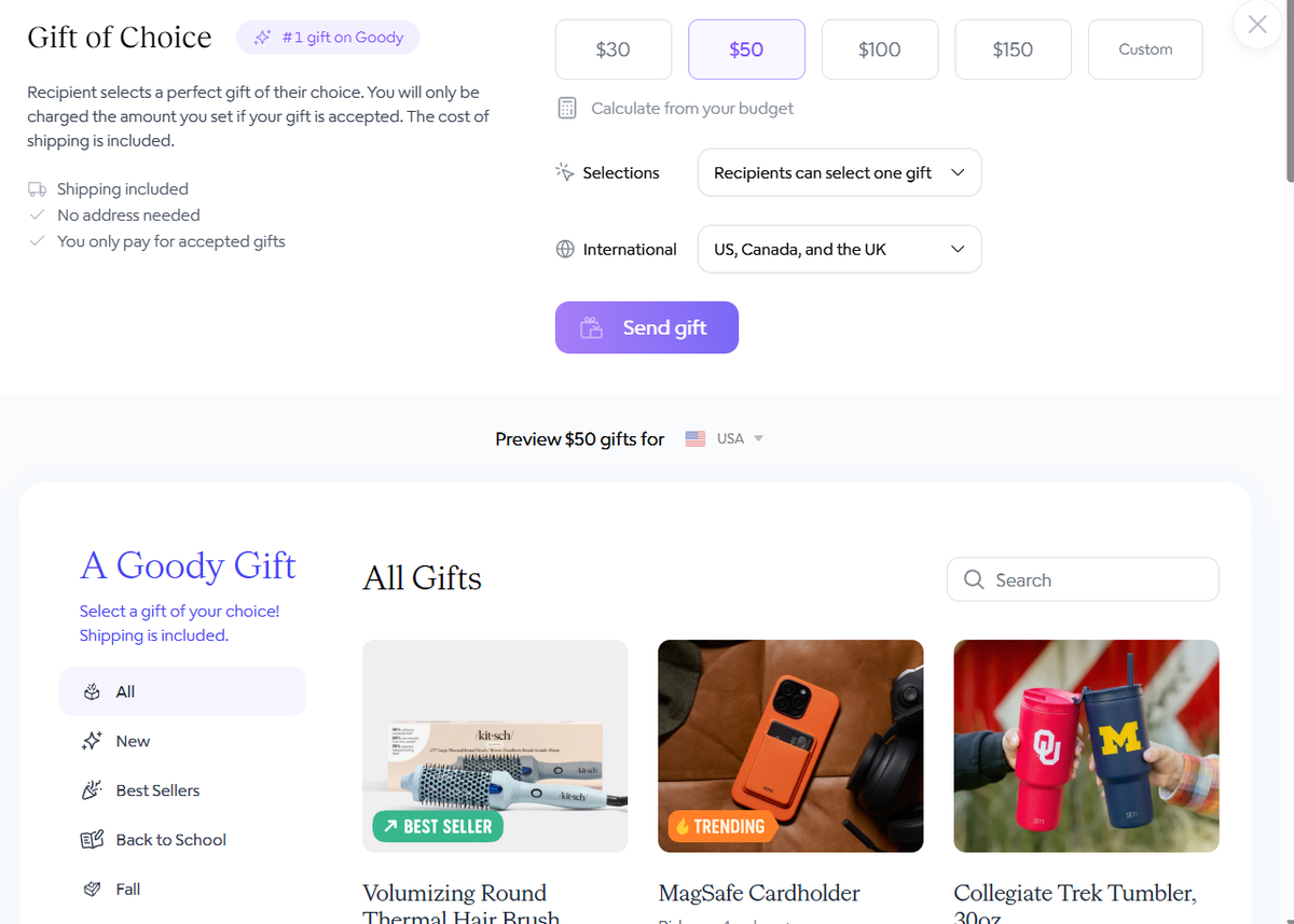 Goody Gift of Choice interface showing budget options and gift catalog