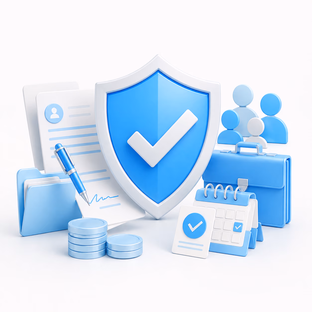 Blue and white icons of shield with checkmark, documents, pen, coins, calendar, briefcase, and people.