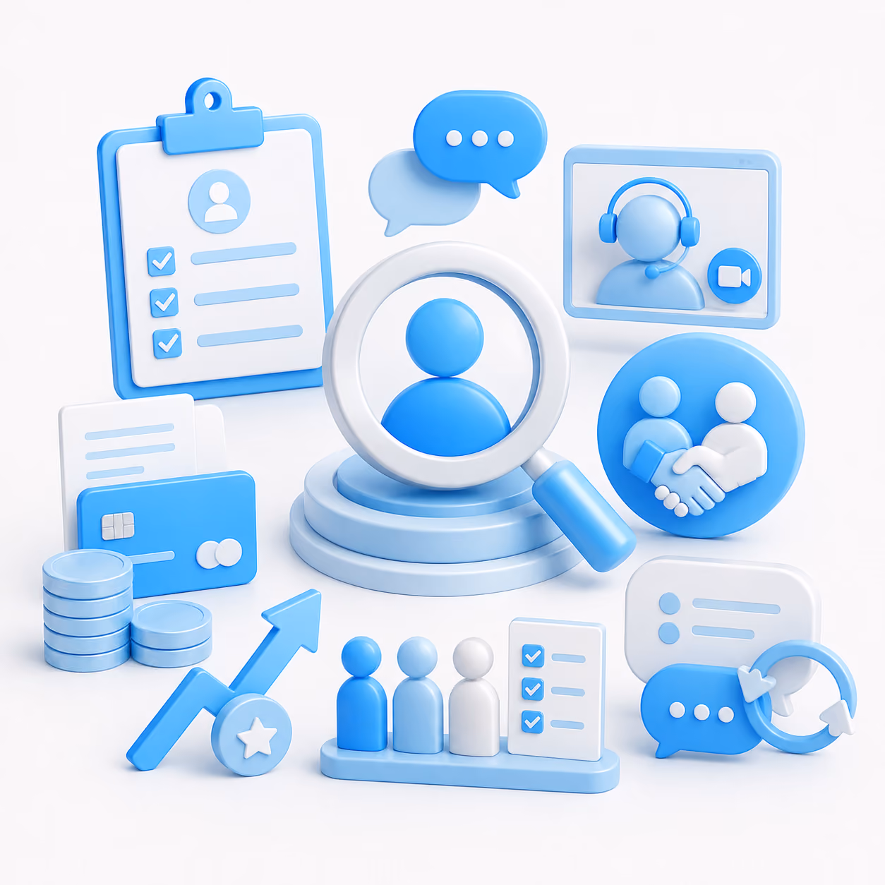 Blue and white icons representing user profile, communication, finance, growth, and collaboration.