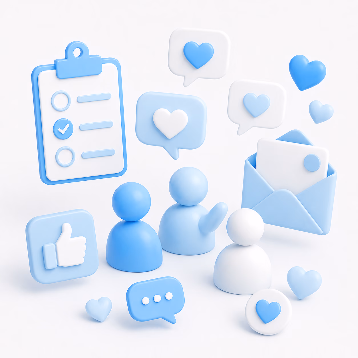 3D icons of people, chat bubbles, hearts, checklist, thumbs up, and envelope in blue and white tones.