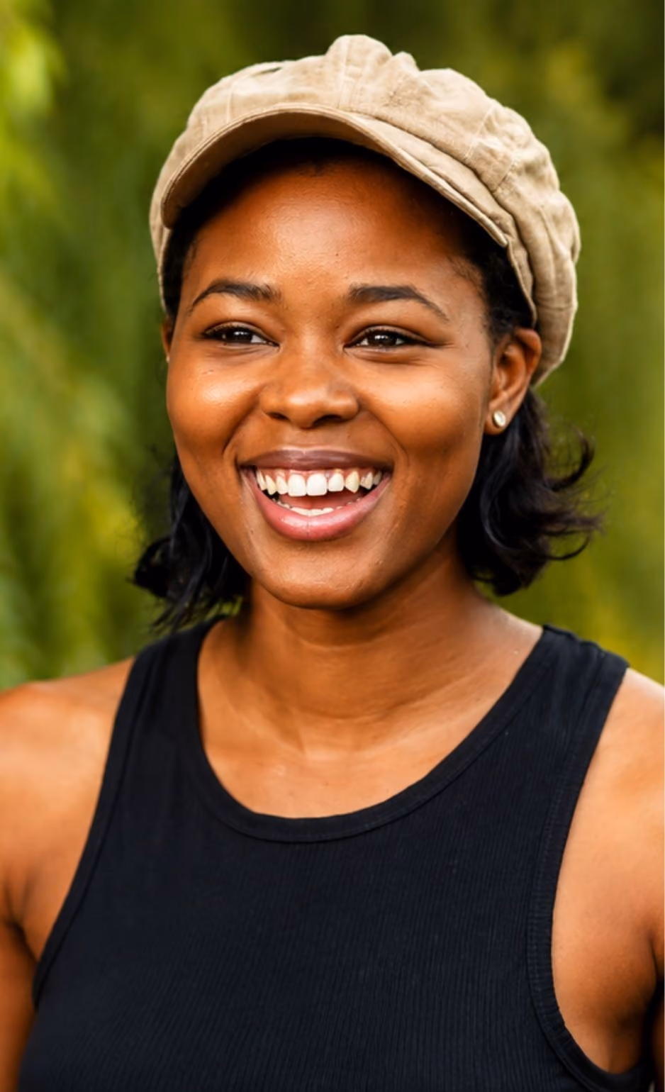 Smiling woman wearing a tan cap and black sleeveless top against a blurred green background.