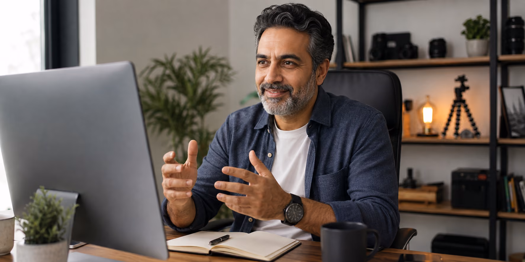 Man with beard gesturing while talking during a video call at desk with notebook and coffee cup.