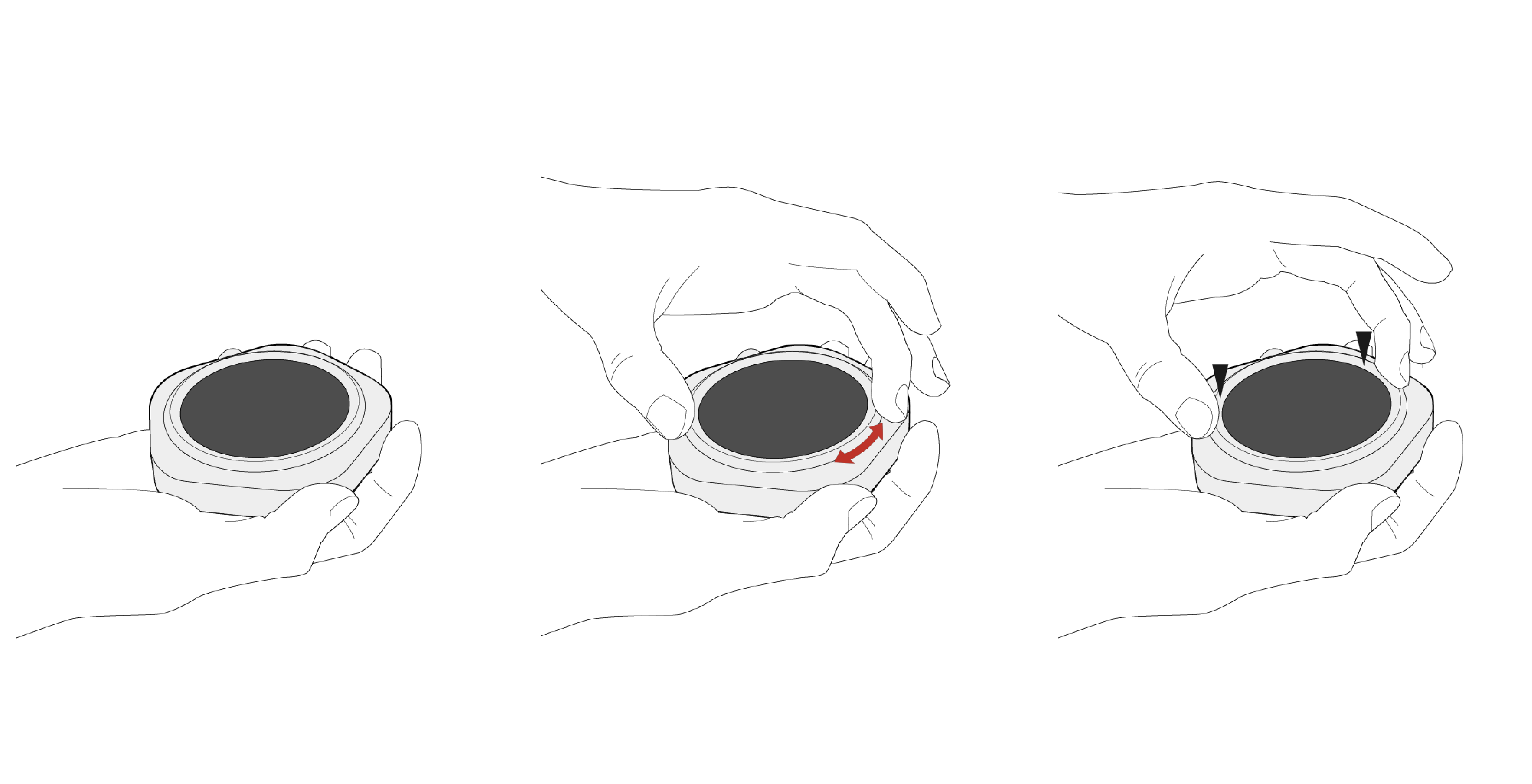 Three-step illustration of a hand holding and adjusting a round smartwatch by rotating its outer bezel.