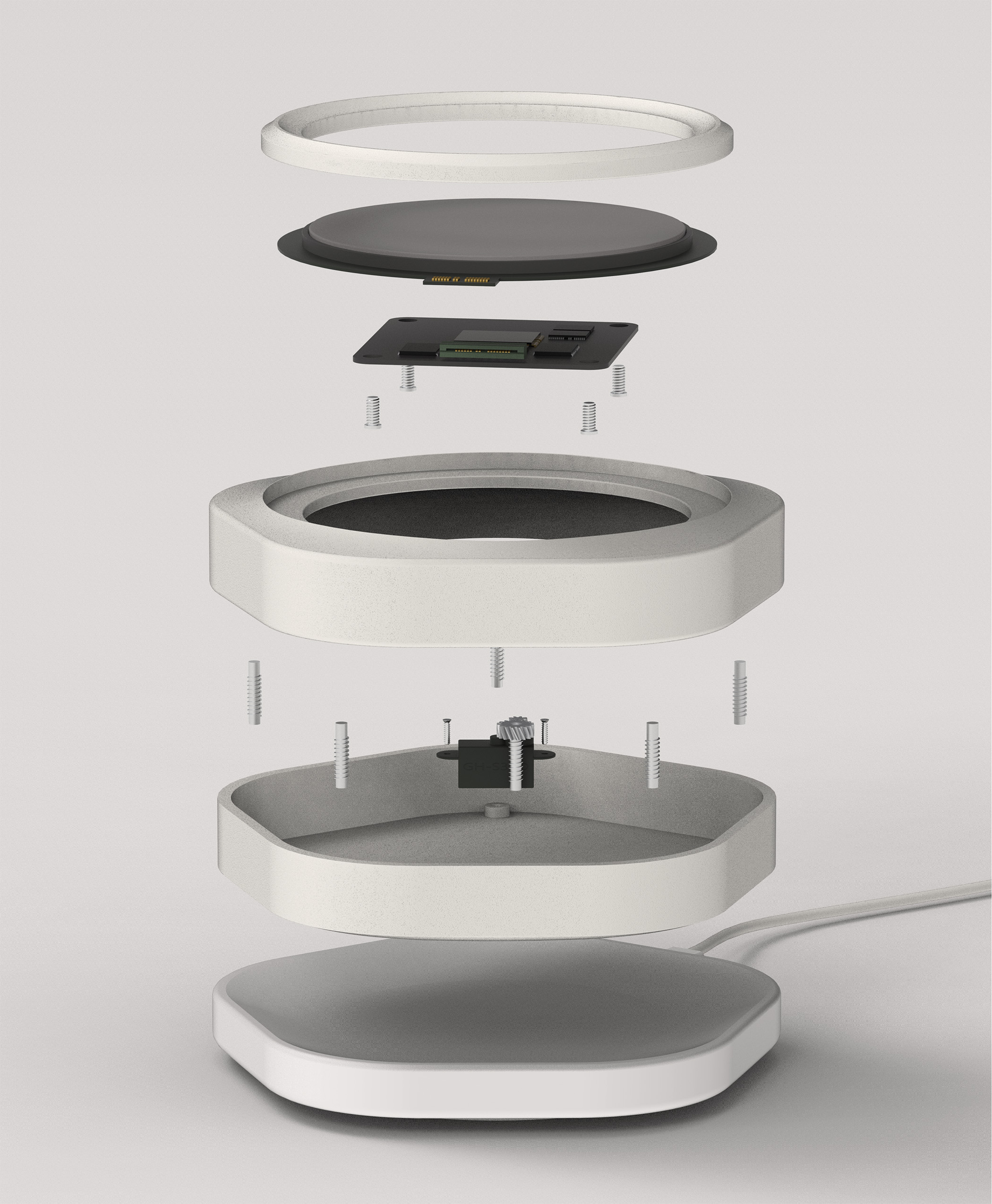 Exploded view of a hexagonal electronic device showing internal components, screws, and a connecting cable.