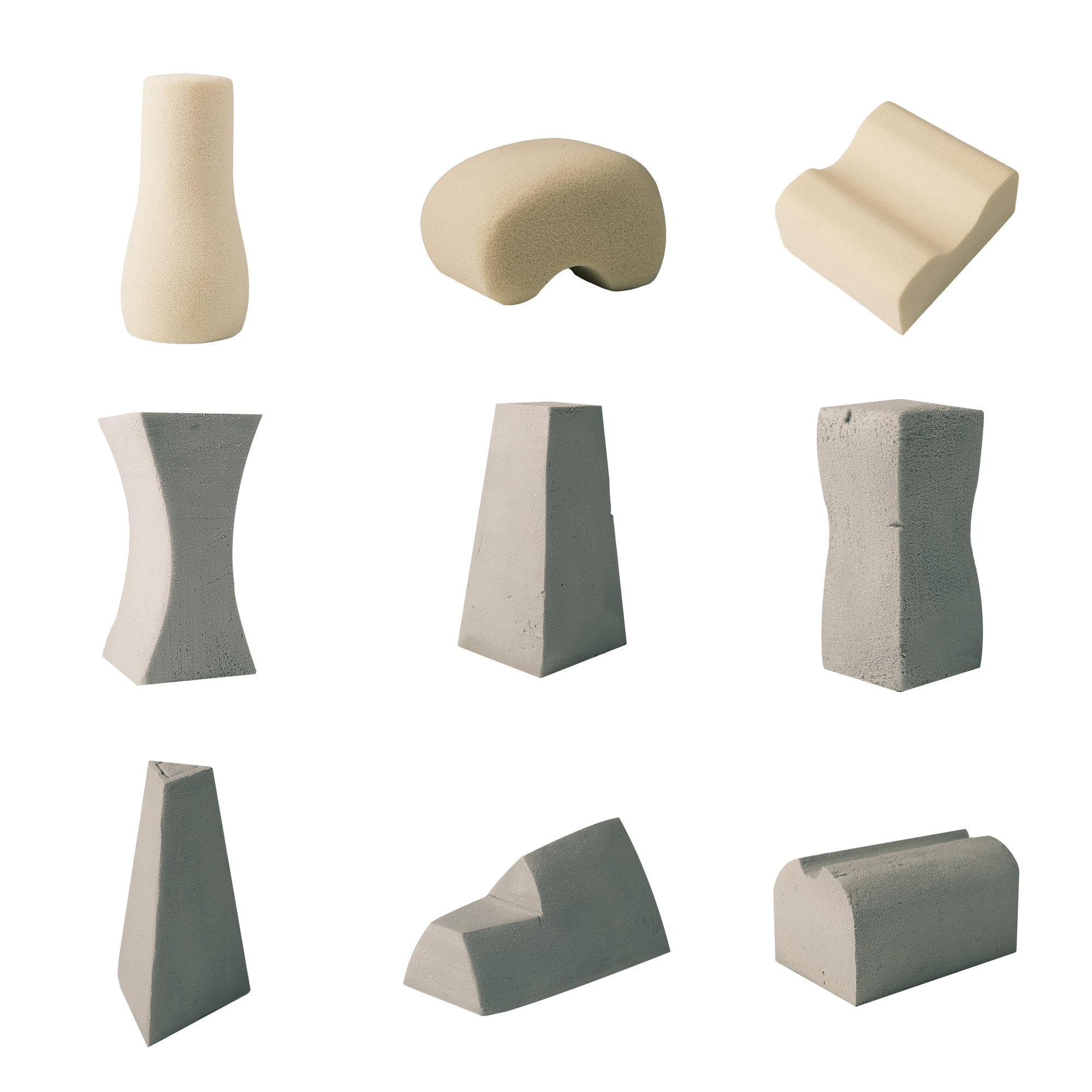 Nine differently shaped foam and concrete texture blocks arranged in three rows on a white background.