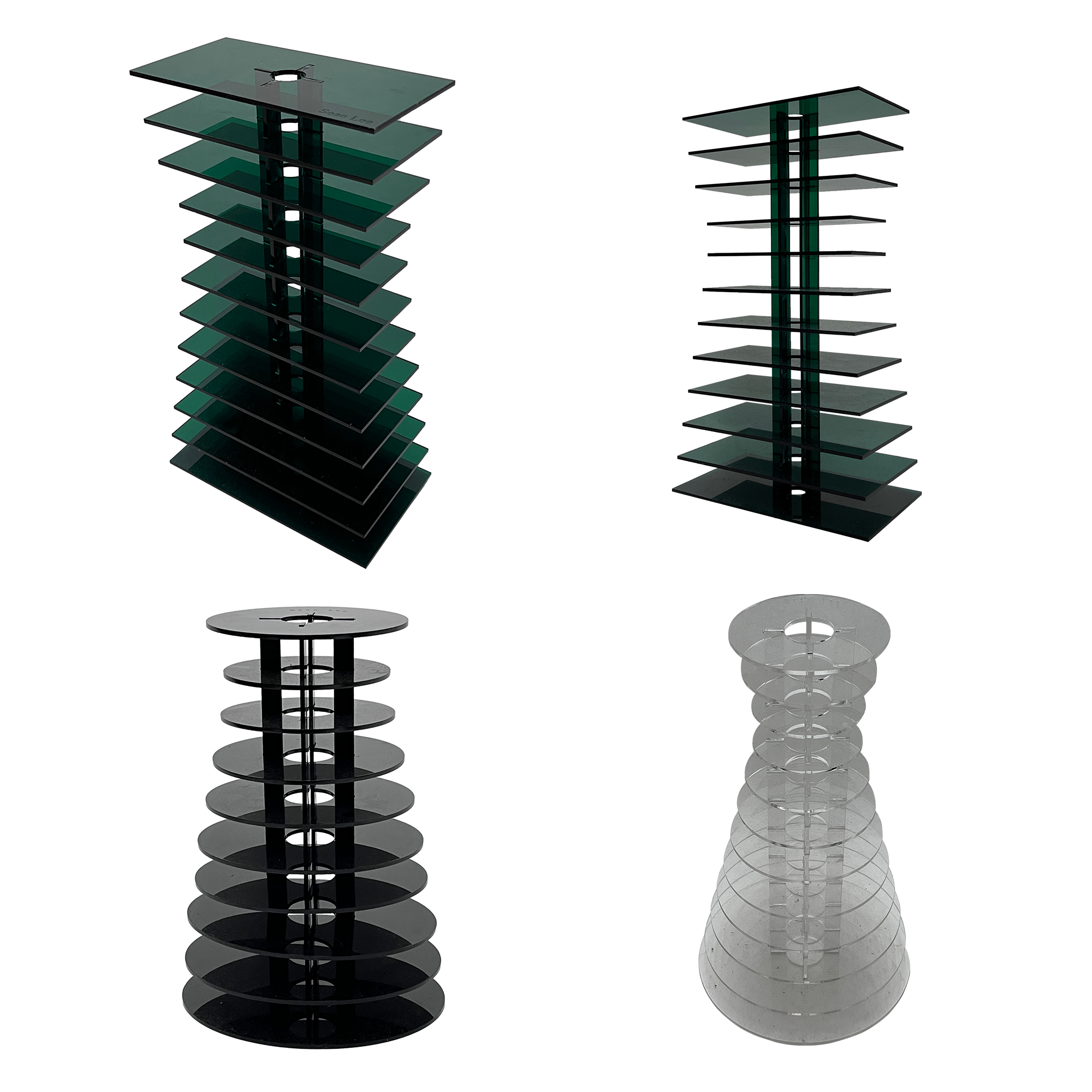 Four transparent shelving units with black supports, featuring different shapes: two with stacked square shelves and two with stacked circular shelves.