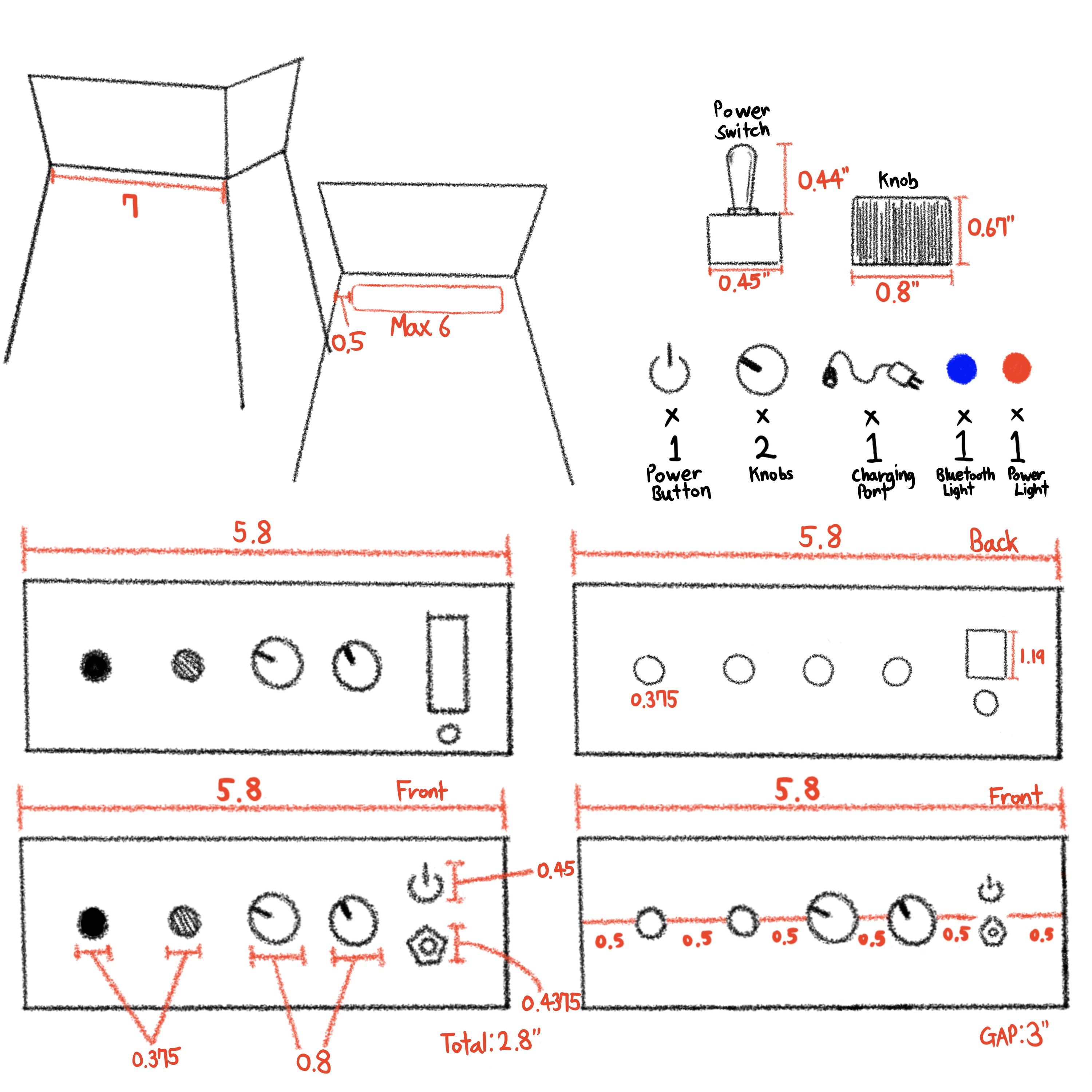 Technical sketch showing dimensions and layout of a device's front and back panels with power switch, knobs, charging port, Bluetooth light, and power light, including detailed measurements in inches.