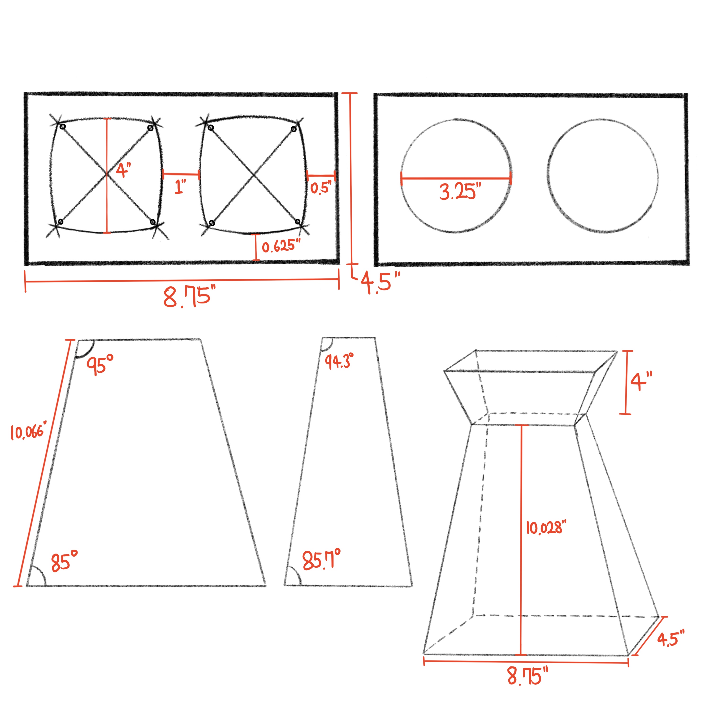 Technical sketch showing measurements and angles of a 3D trapezoidal-shaped object with circular cutouts and detailed dimensions in inches.