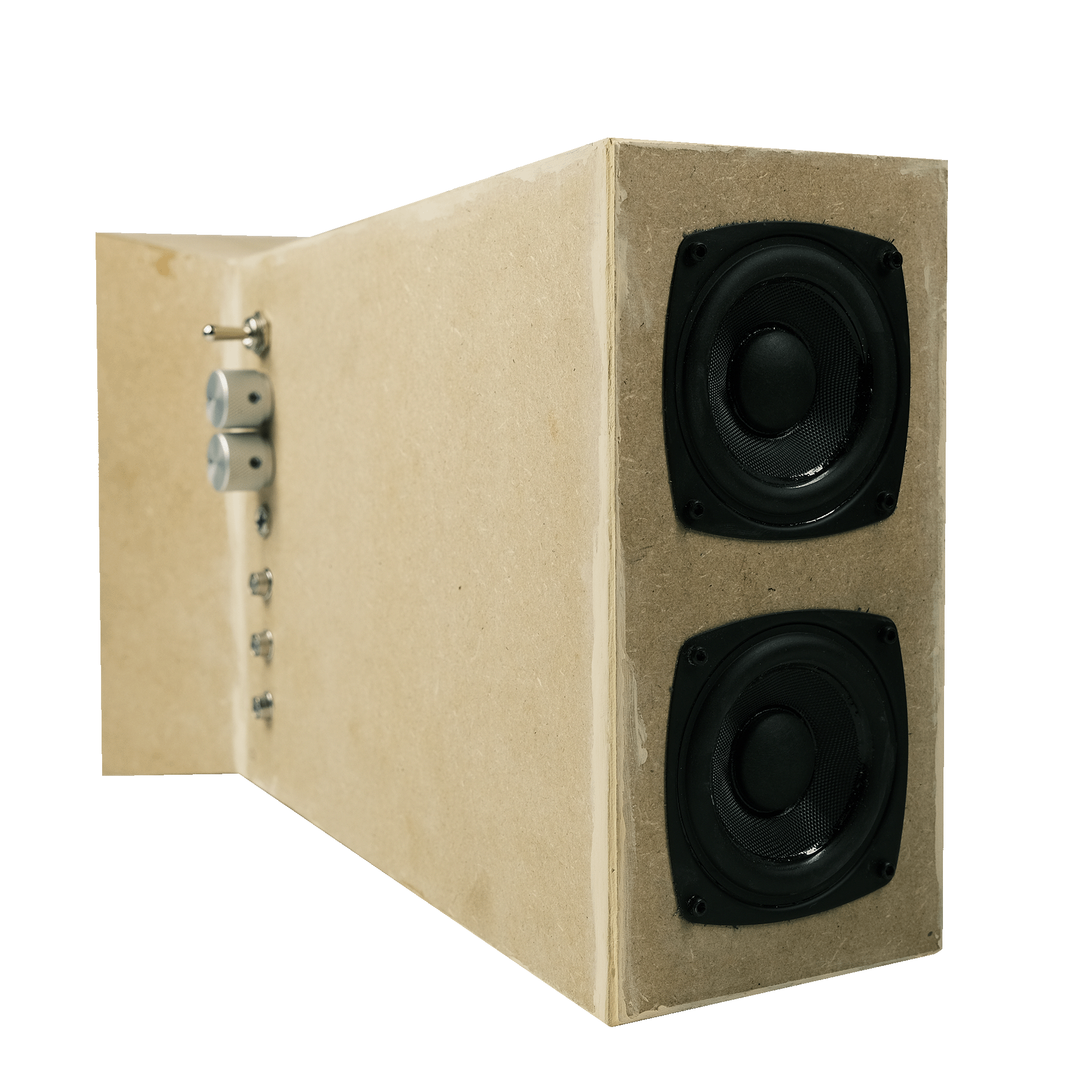 Rectangular wooden speaker box with two black speaker drivers on the front and two metal knobs with a toggle switch on the side.