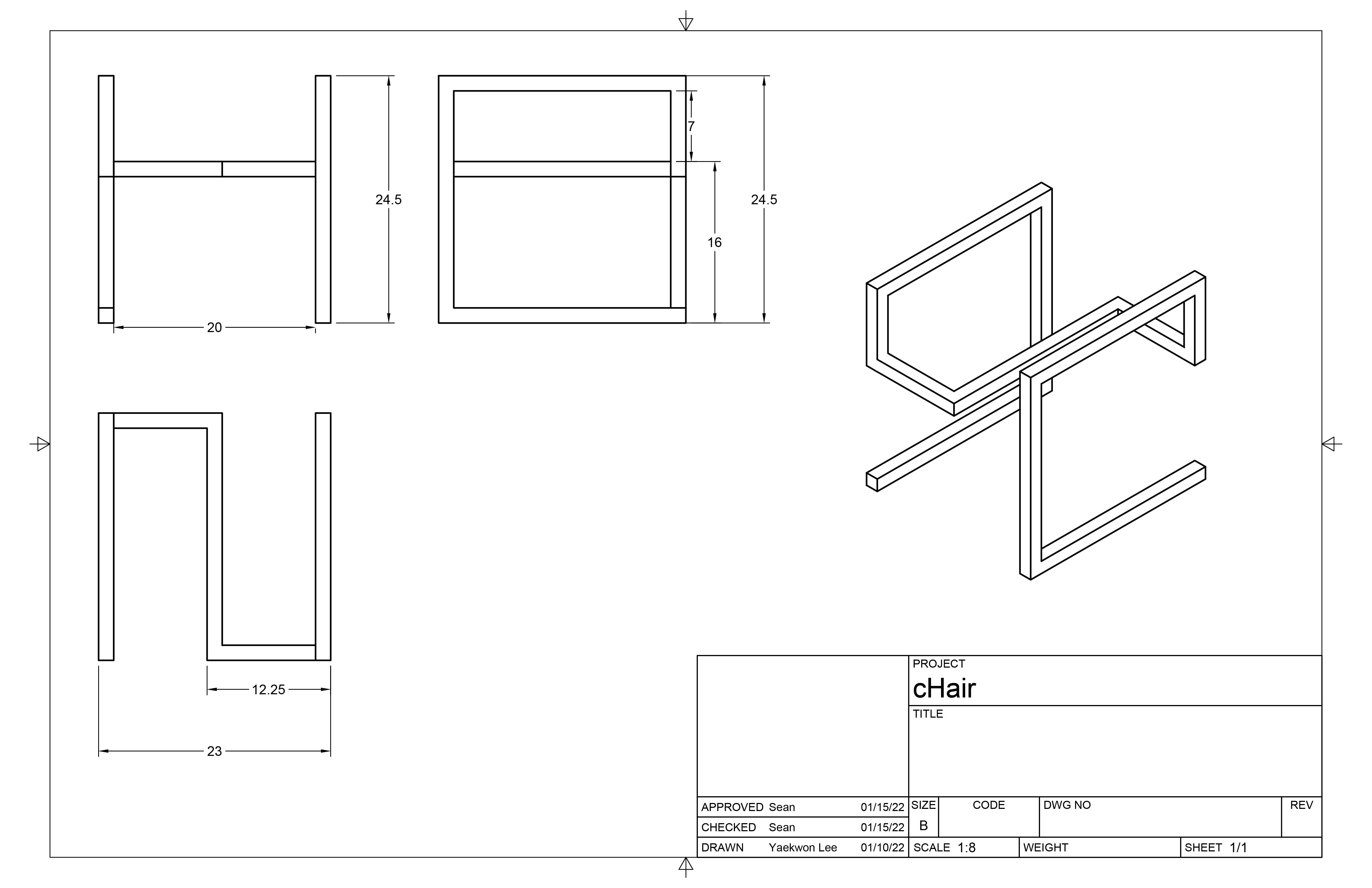 Technical drawing of a chair named 'cHair' showing front, top, side views with dimensions and an isometric view.