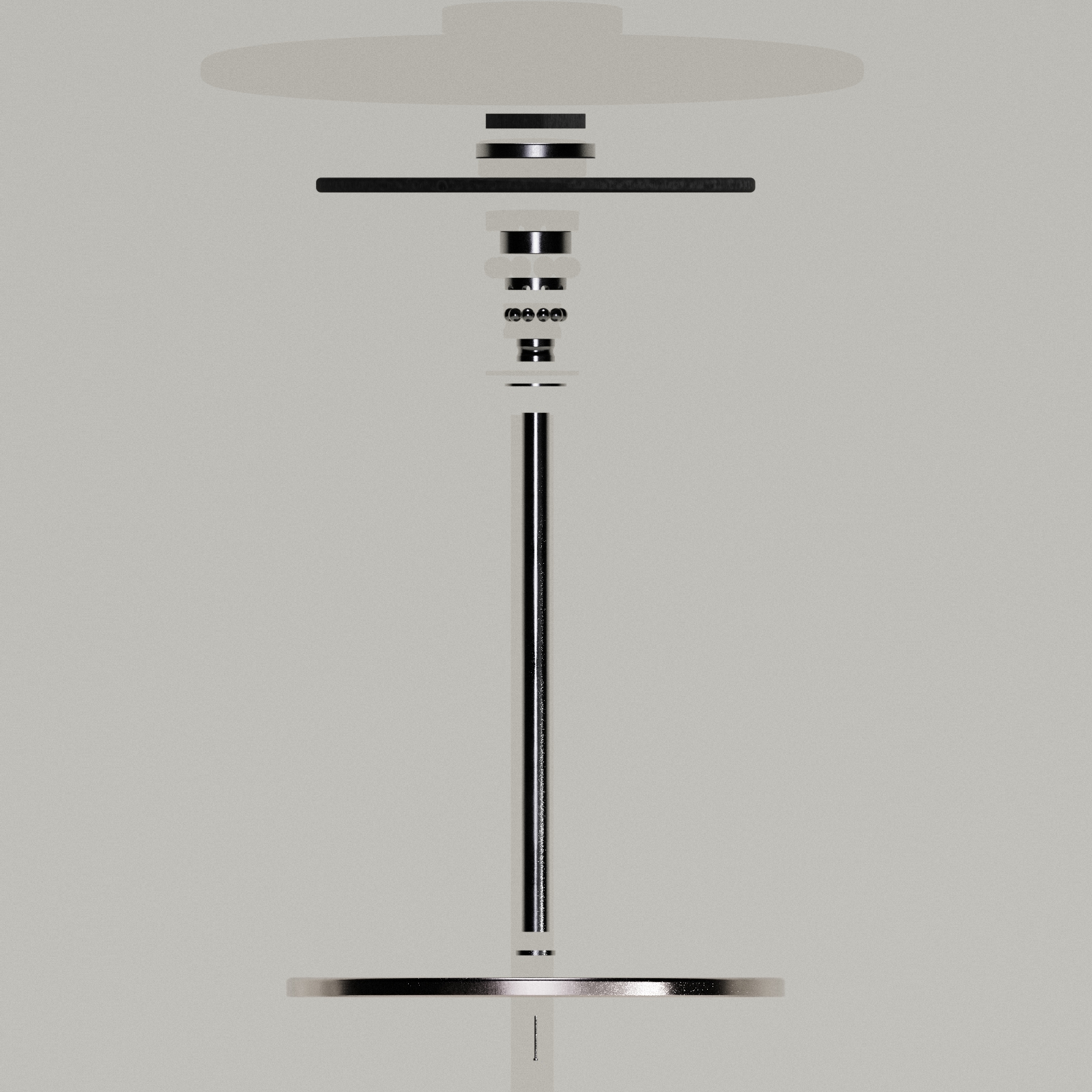 Exploded view of a metallic mechanical component showing individual cylindrical parts and bearings separated along a central axis.