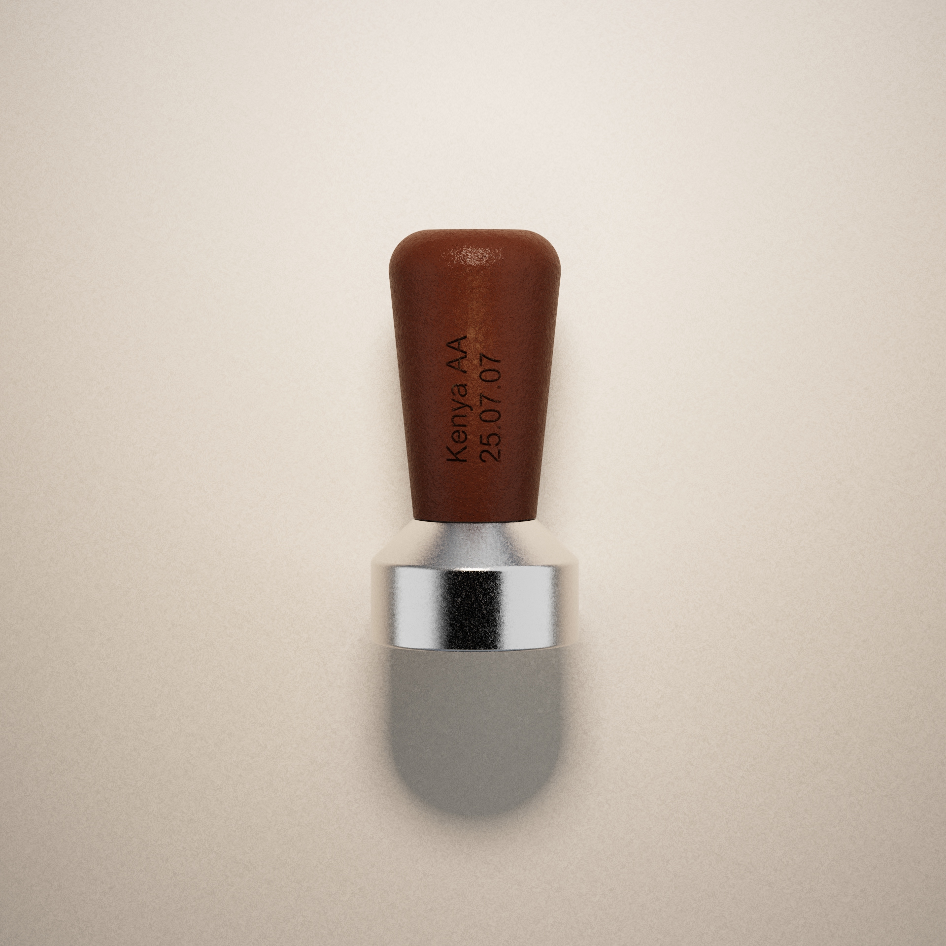 Top-down view of a coffee tamper with a wooden handle labeled 'Kenya AA 25.07.07' and a metallic base casting a shadow on a beige surface.