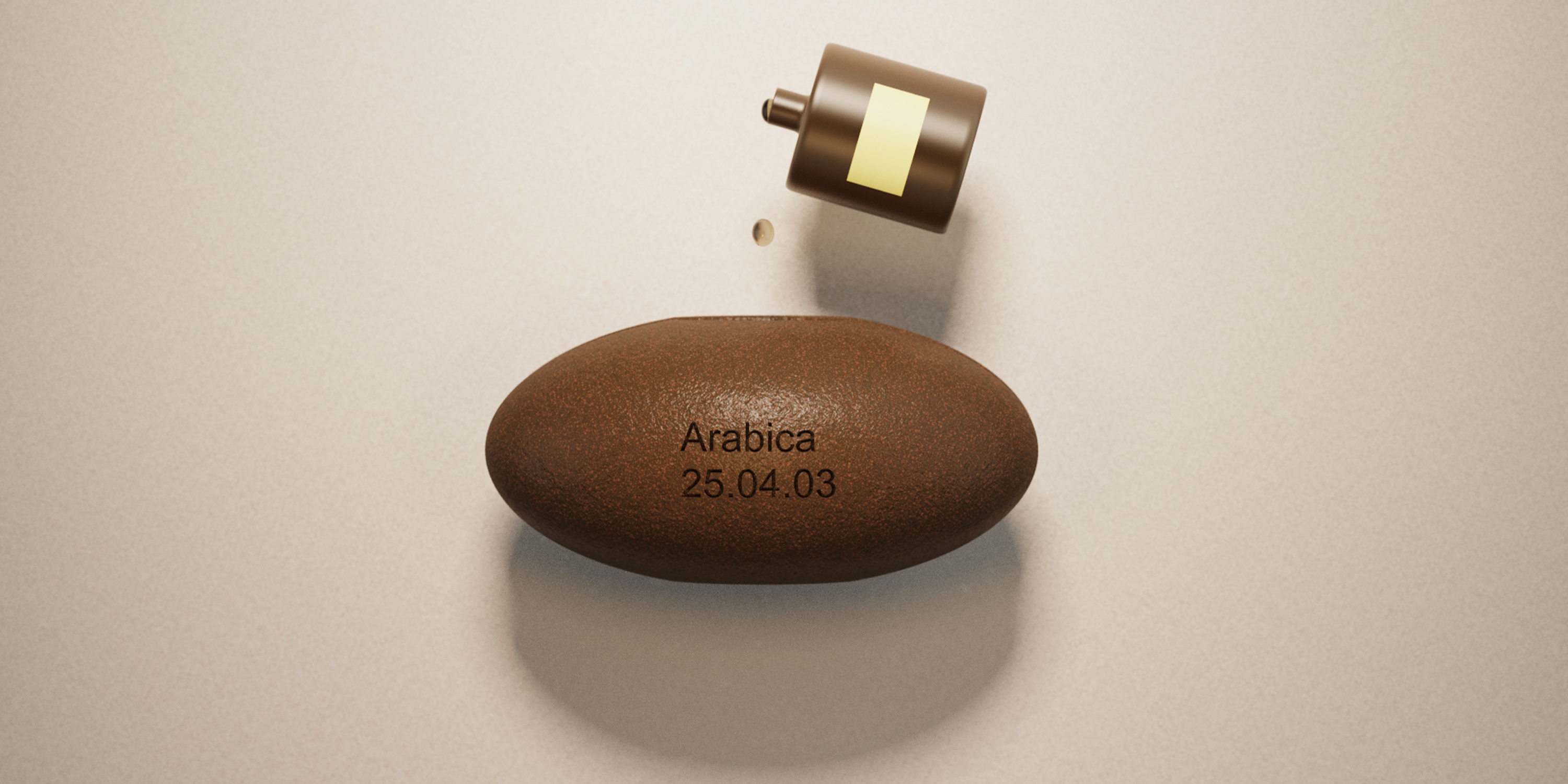 Close-up of a single brown coffee bean labeled 'Arabica 25.04.03' with a small brown bottle dripping a drop above it.