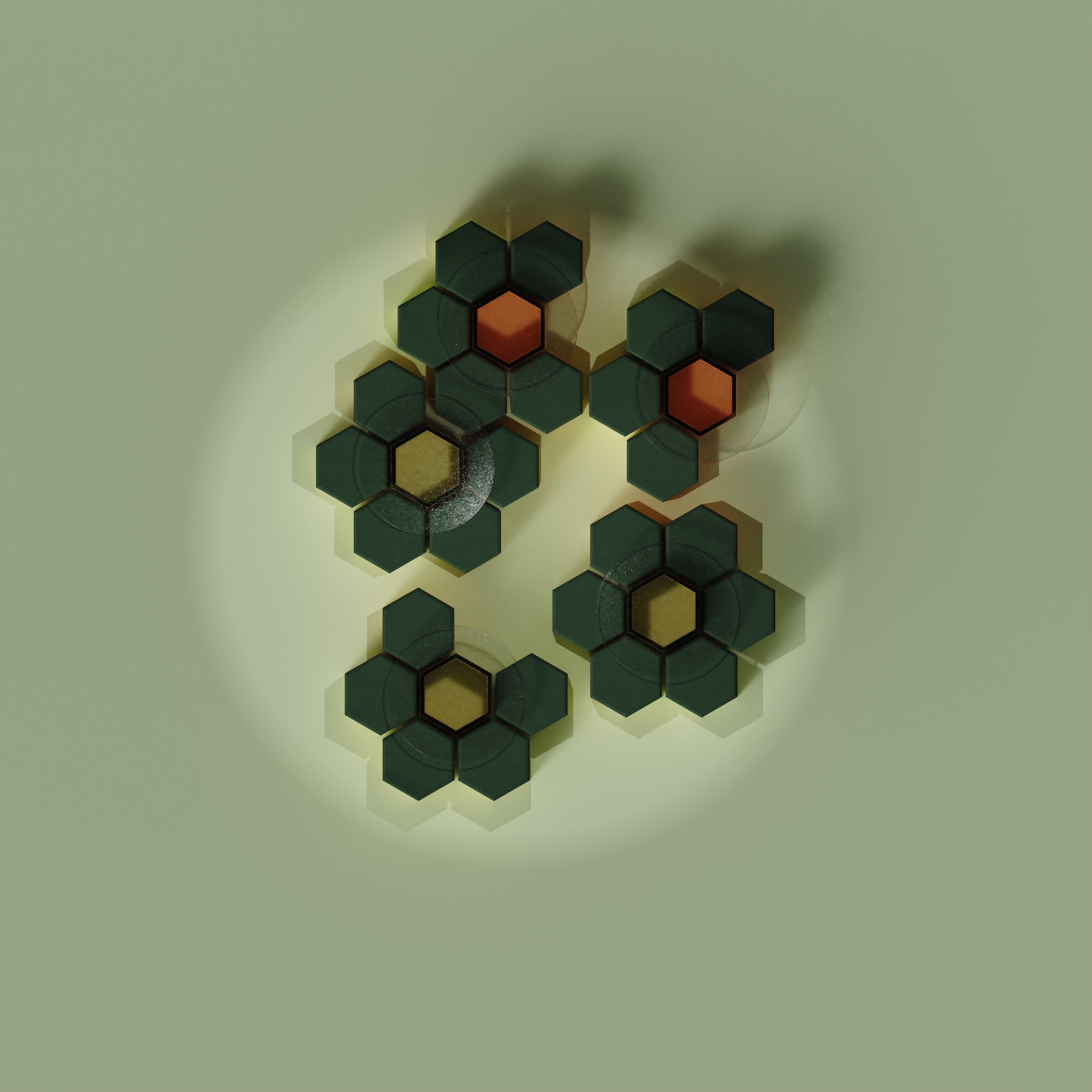 Top view of five black hexagonal plates arranged like flowers with orange and yellow centers on a light green surface.