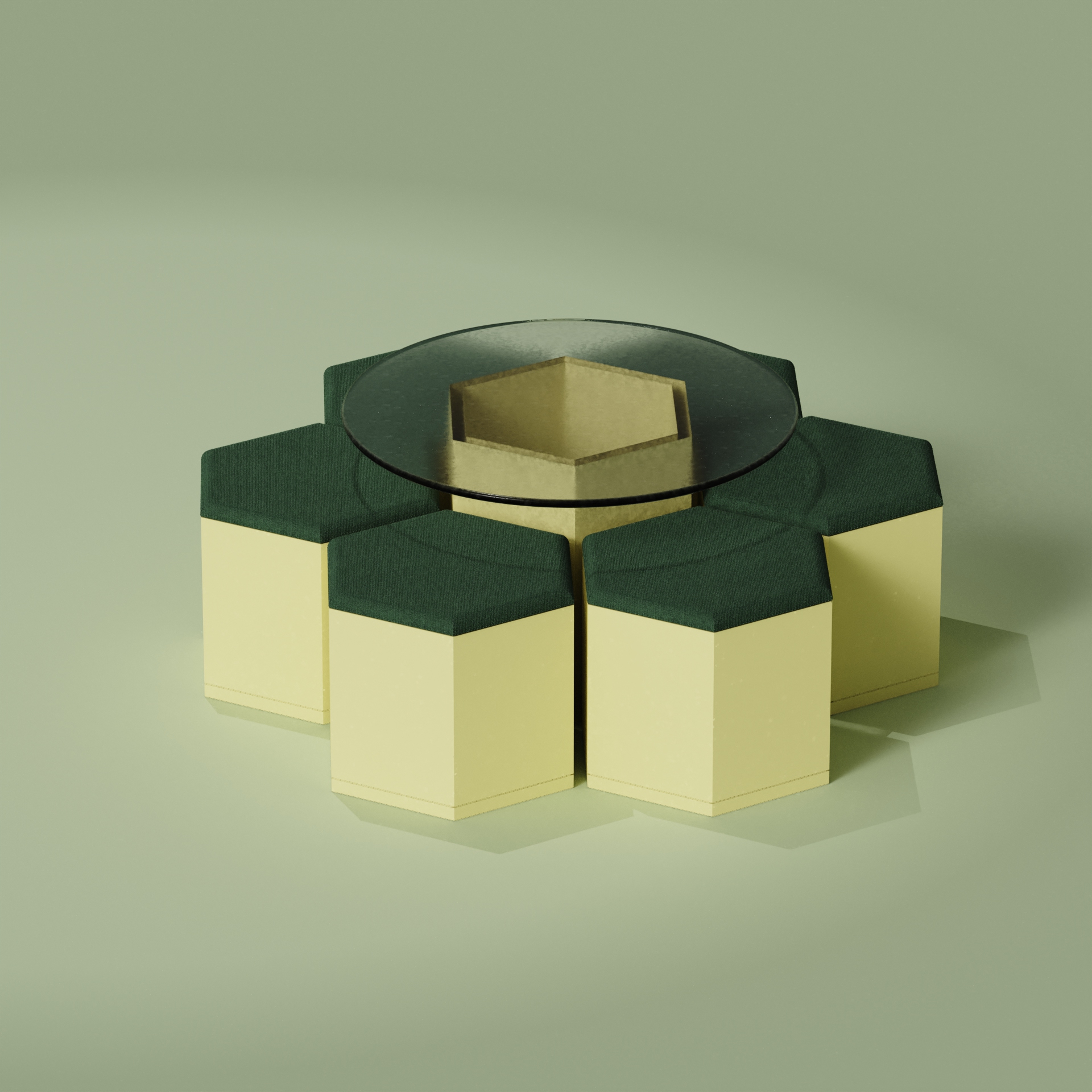 Hexagonal glass table with six yellow and green cushioned hexagonal stools arranged around it.