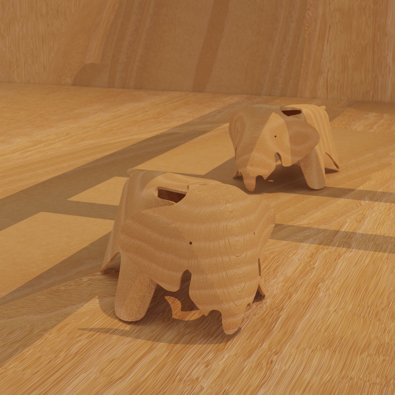 Two small wooden elephant-shaped stools on a light wood floor with shadows cast by a window.