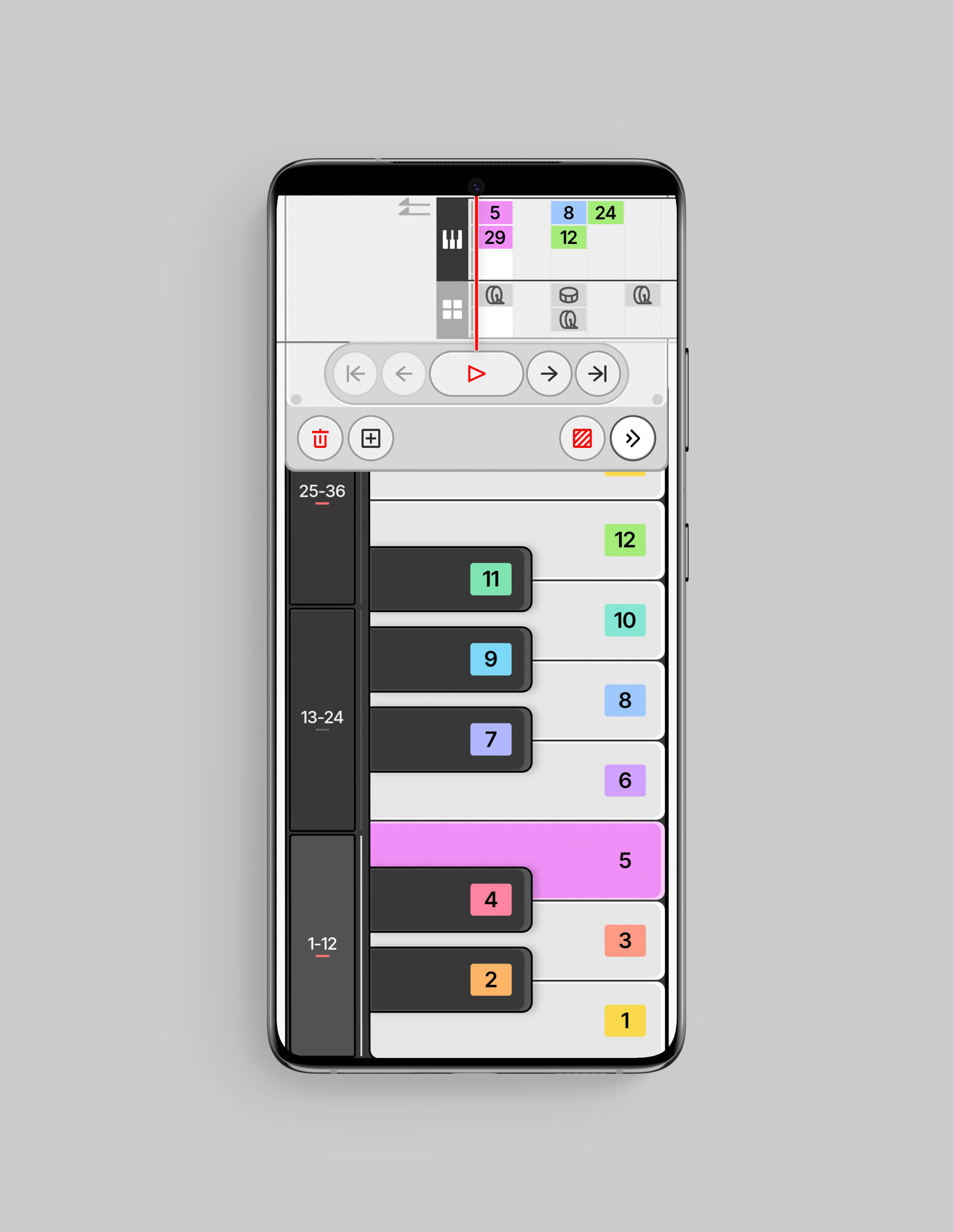 Smartphone screen displaying a piano roll interface with numbered colored blocks representing musical notes and playback control buttons.