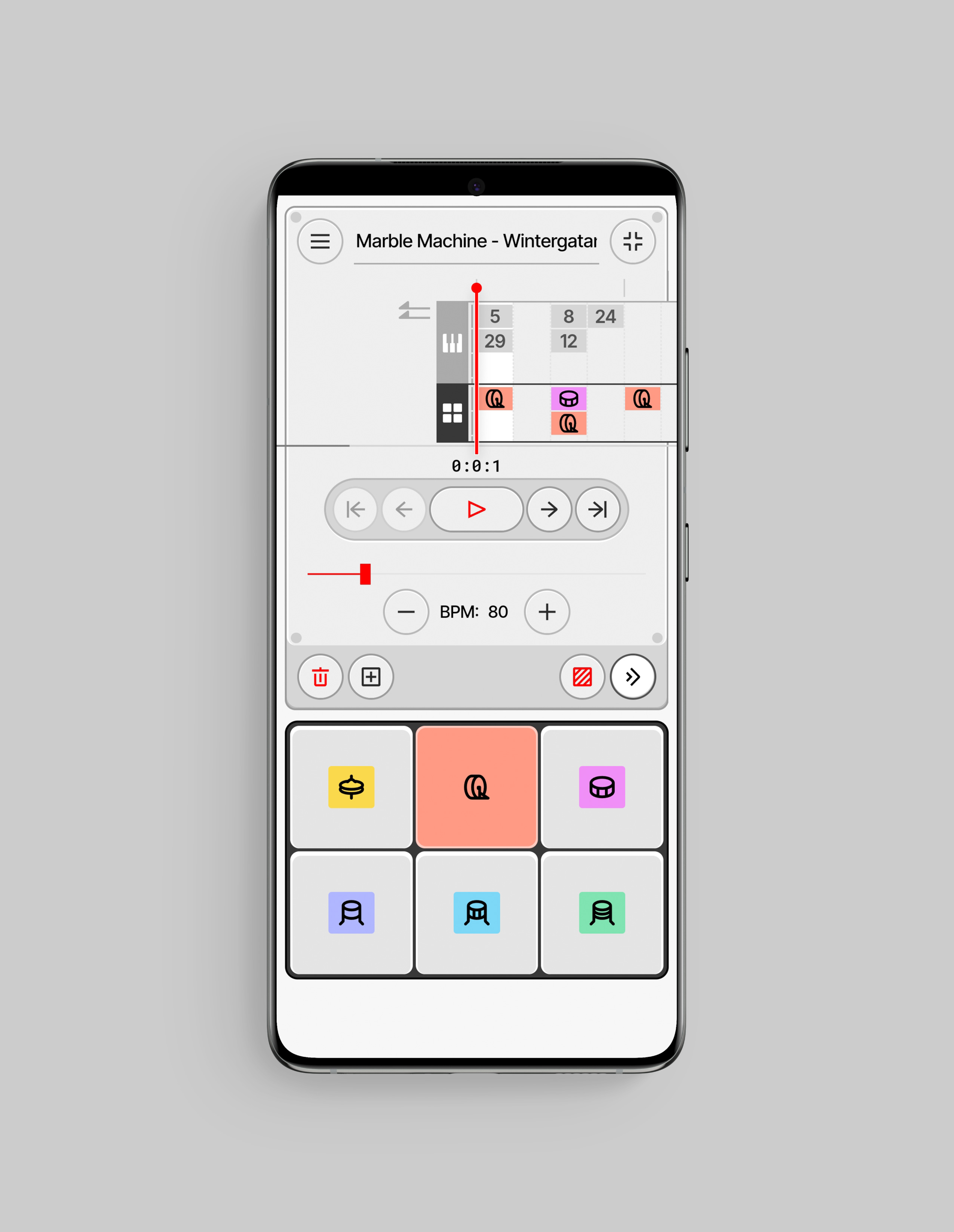 Smartphone displaying a drum machine app interface with colored drum pad buttons and playback controls at 80 BPM.