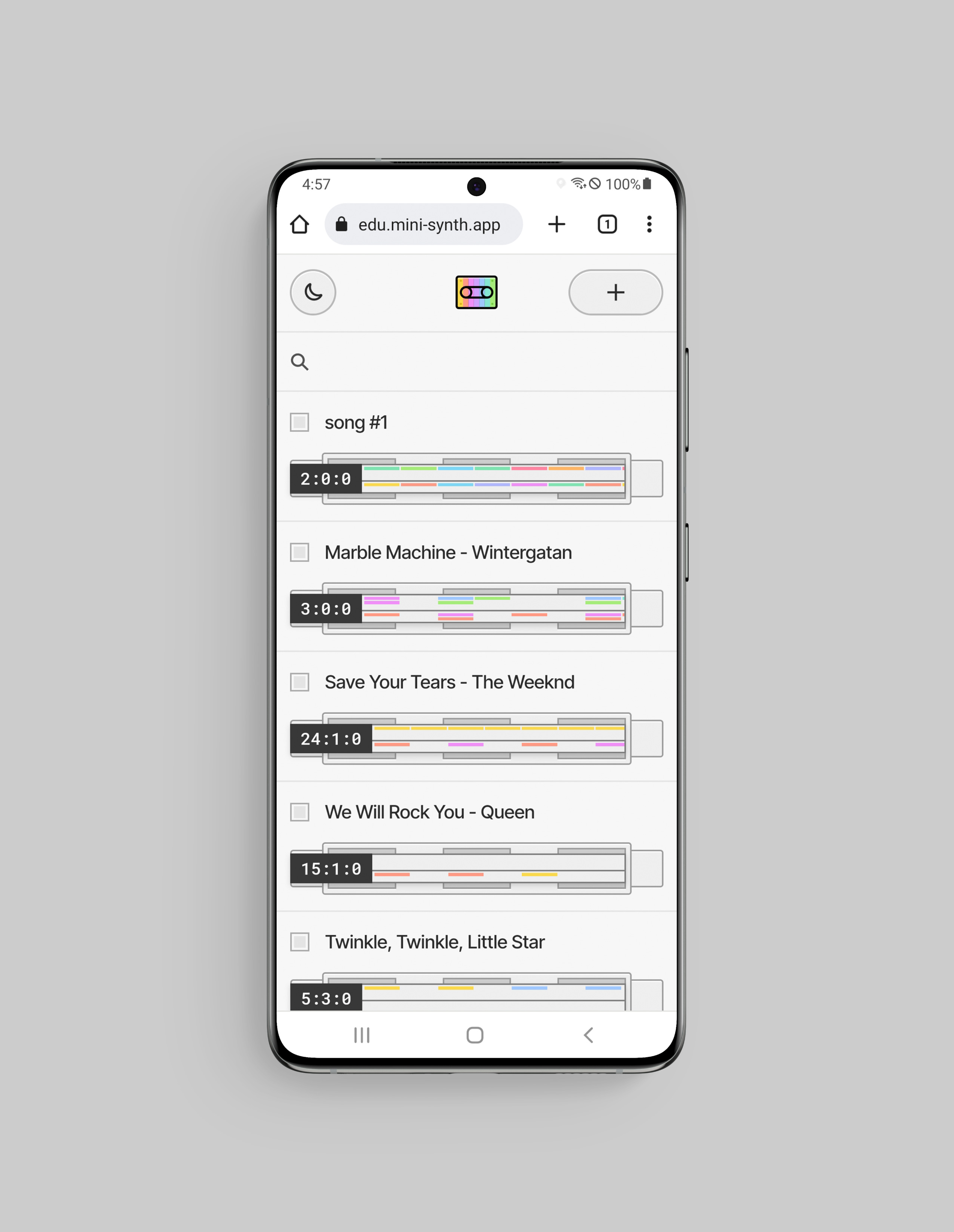 Smartphone screen showing a list of song titles with colored music pattern bars on edu.mini-synth.app web app.