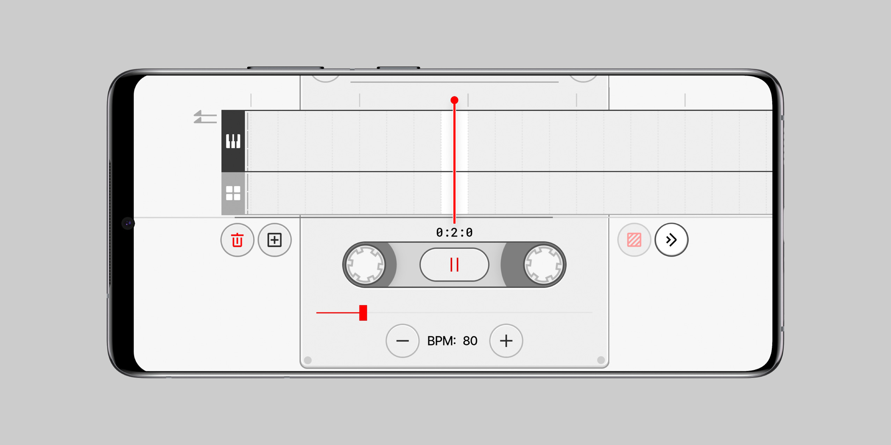 Smartphone screen showing a music sequencer app with a cassette tape-style play/pause control and BPM set to 80.