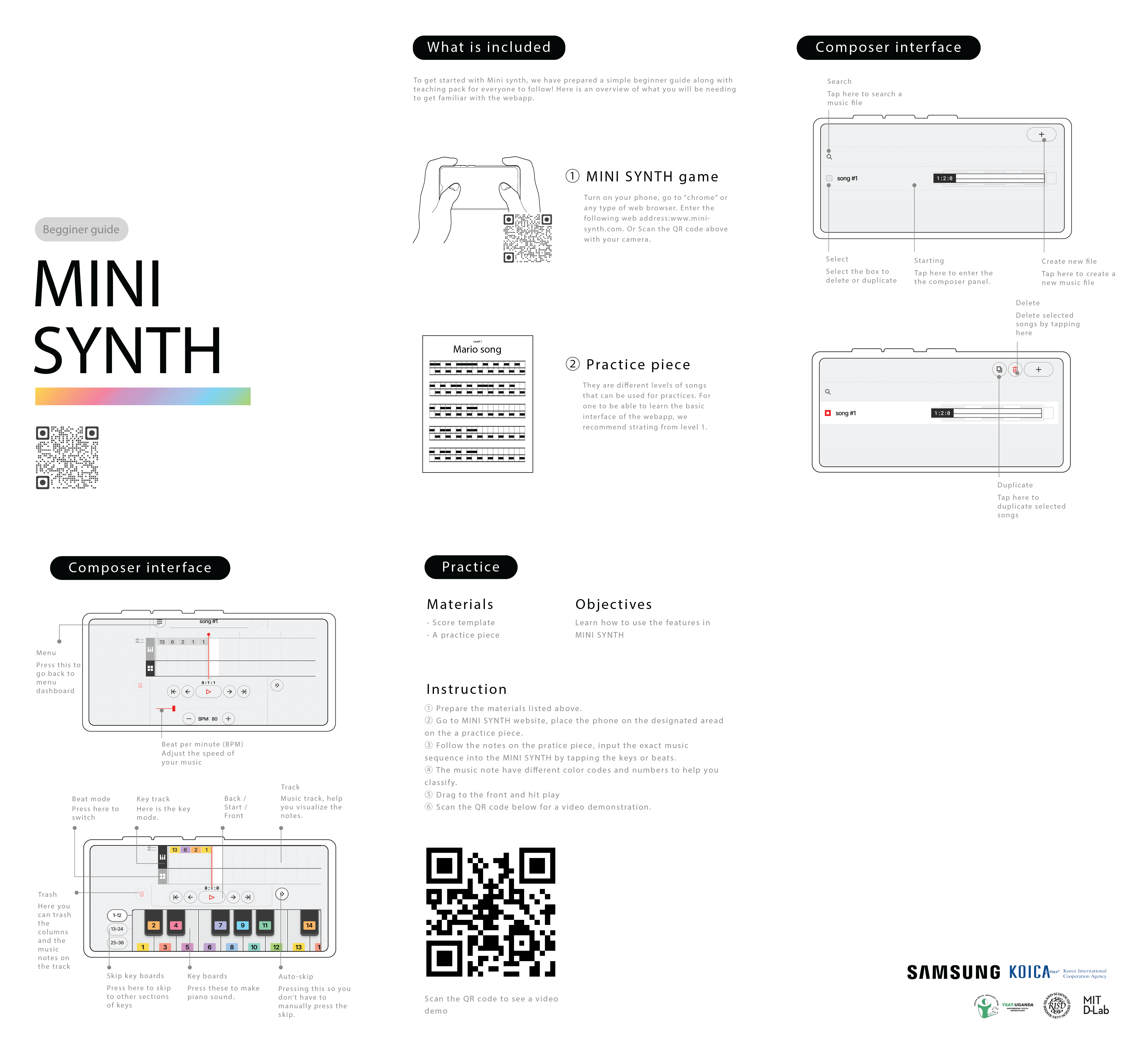 Mini Synth beginner guide showing what is included, practice materials, and detailed composer interface instructions with labeled features and QR codes for web access and video demo.