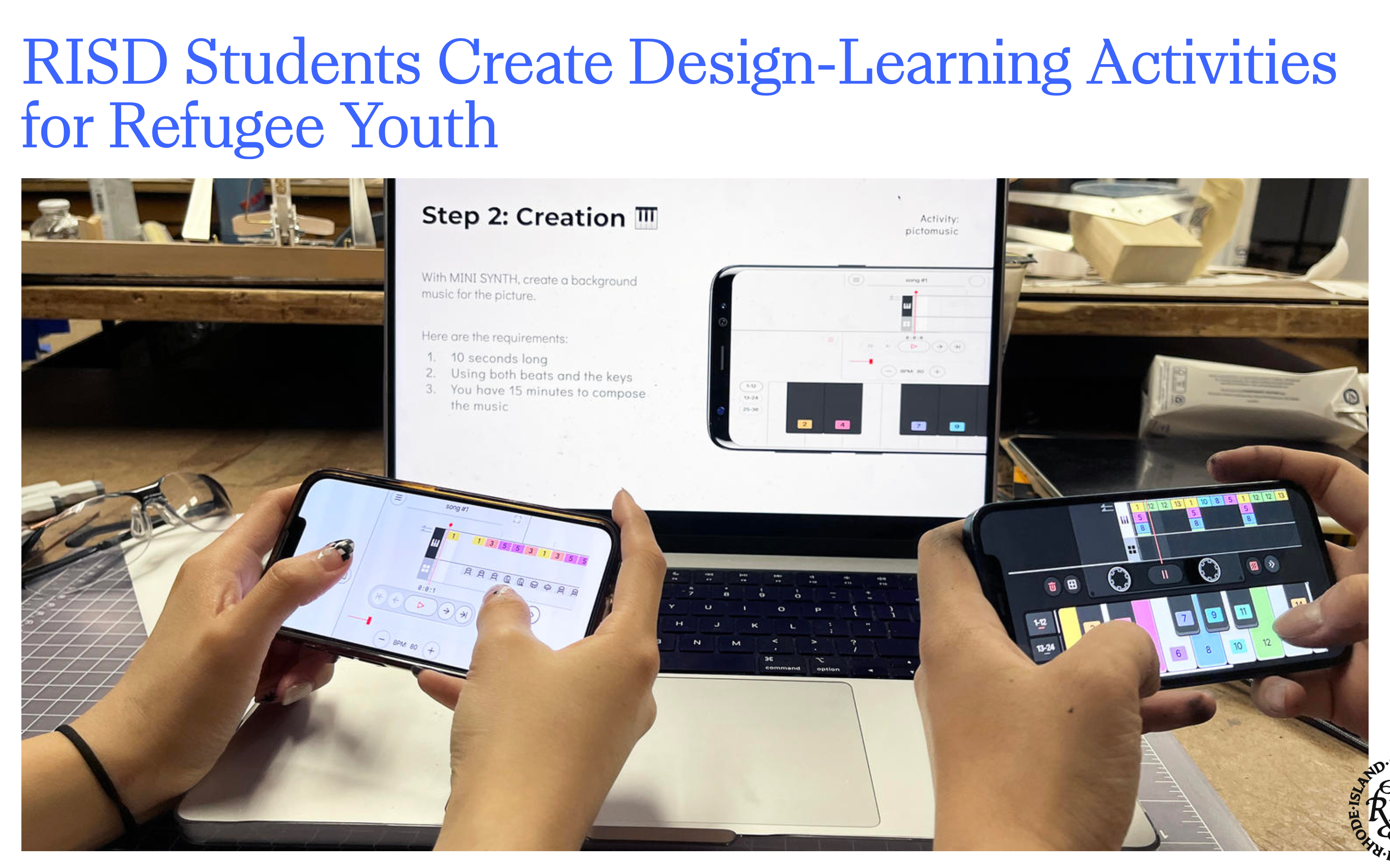 Two hands holding smartphones with music creation apps open, in front of a laptop displaying instructions for creating background music using MINI SYNTH.