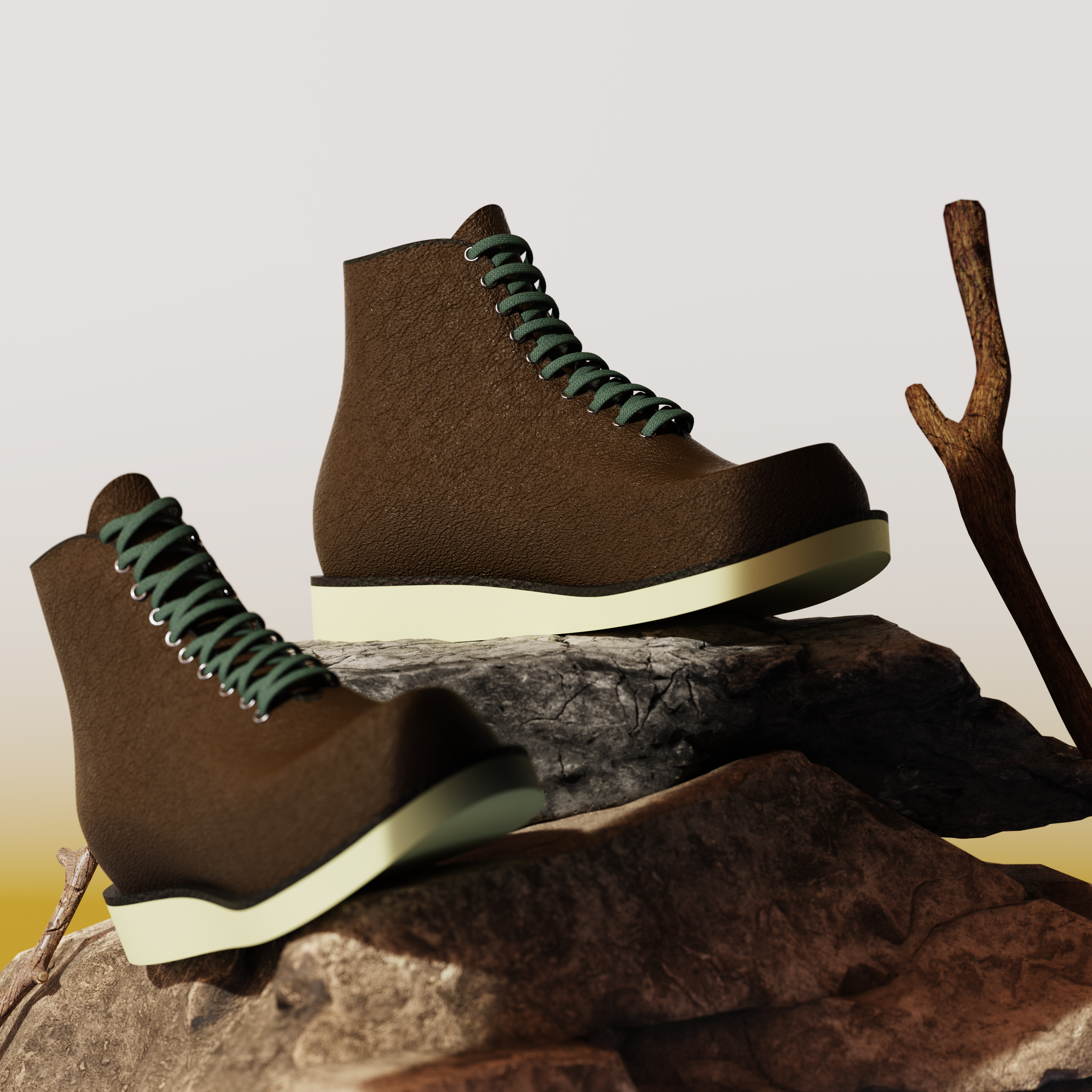 Pair of brown textured leather boots with green laces and cream soles displayed on stacked rocks with a twig in the background.