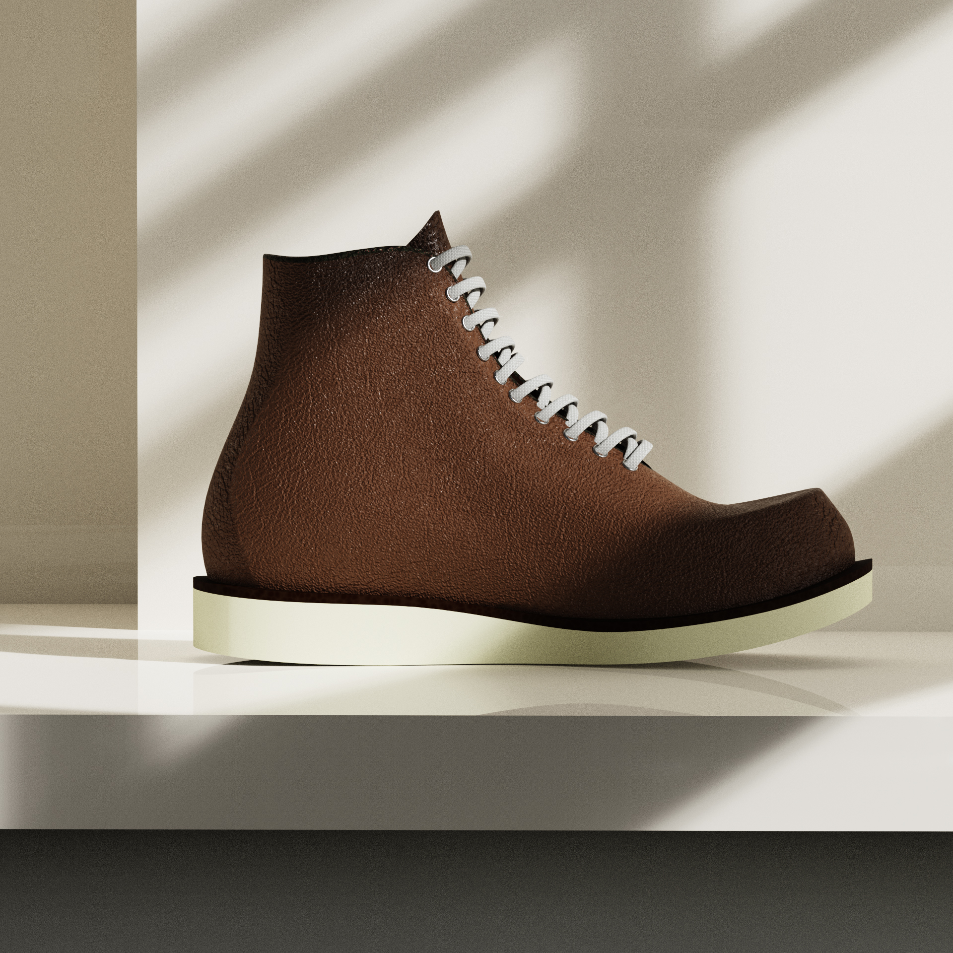 Side view of a brown leather ankle boot with white laces on a minimalist white surface with soft shadows.