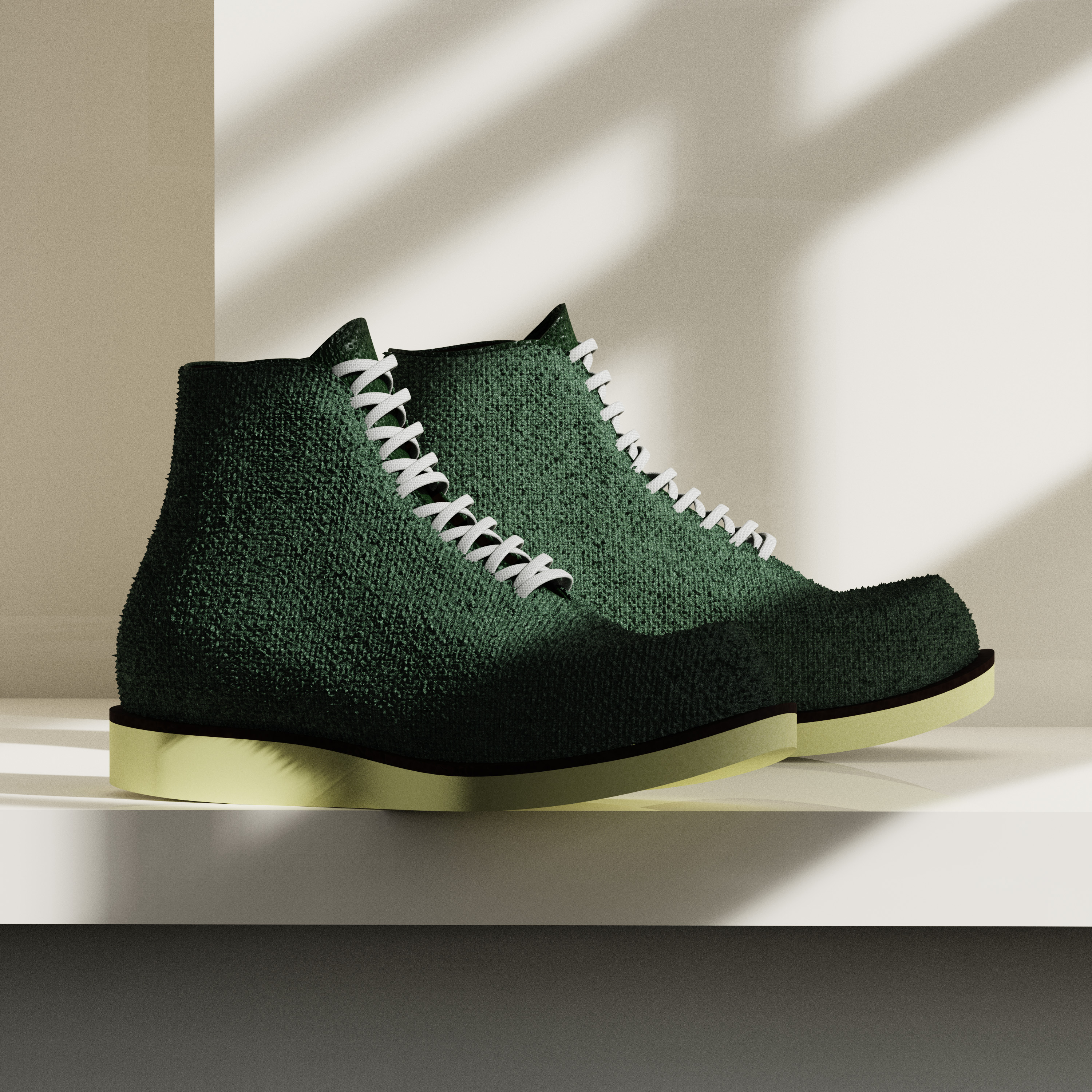 Pair of dark green textured lace-up boots with light yellow soles on a white shelf with sunlight shadows.