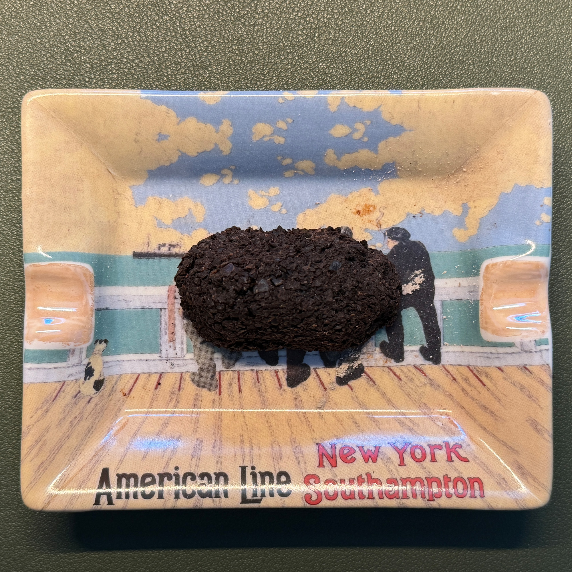 Dark brown object resembling a dried seed or clump on a rectangular decorative dish with a vintage-style illustration of people on a ship deck and text 'American Line New York Southampton'.