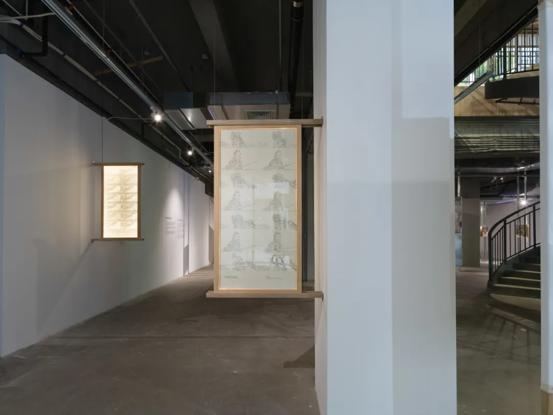 Installation view with suspended work in the gallery