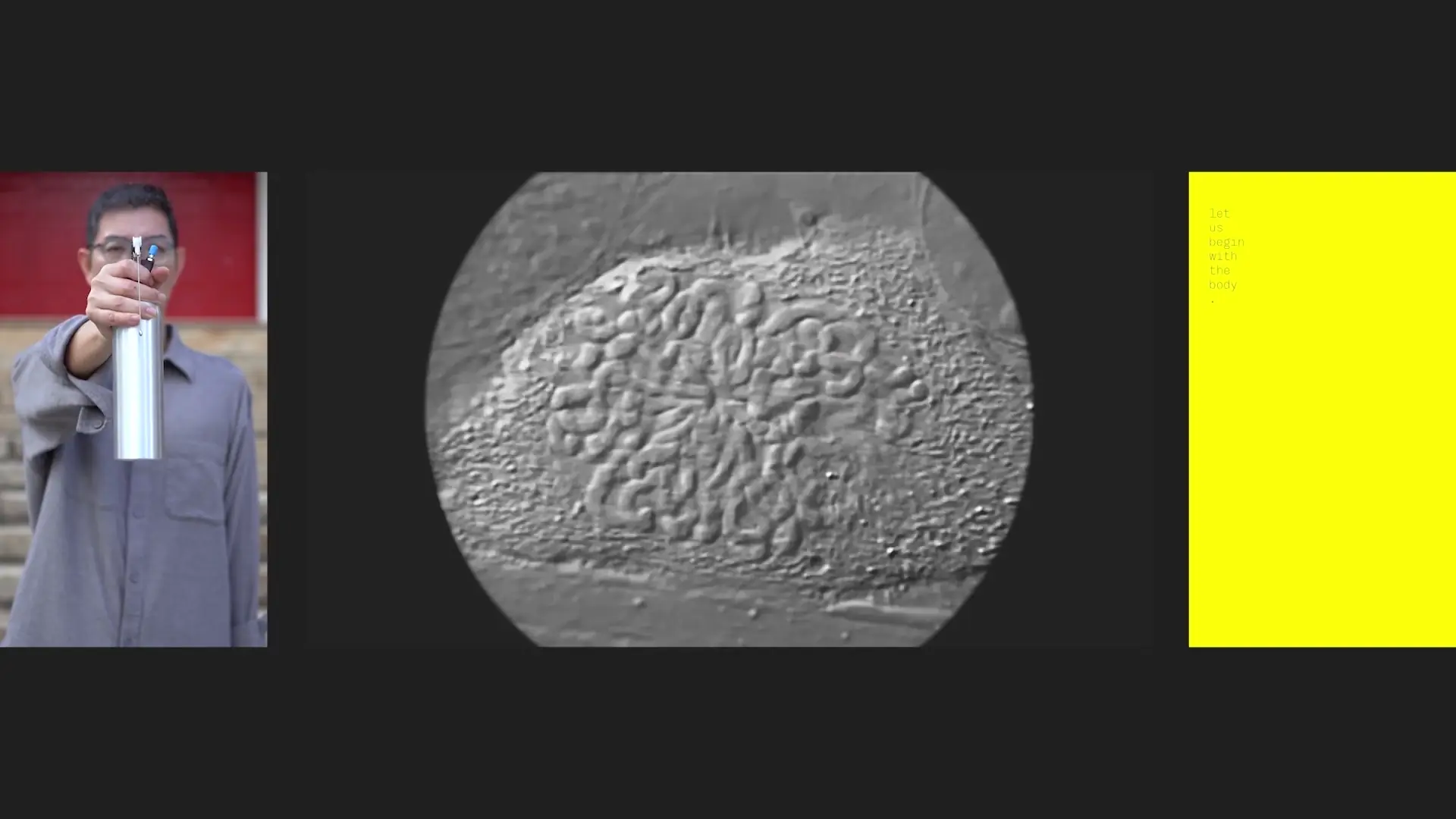 东邪西毒 I Want to Infect You With History: Boedi Widjaja holds out a spray can beside a moving microscope image of a cell nucleus