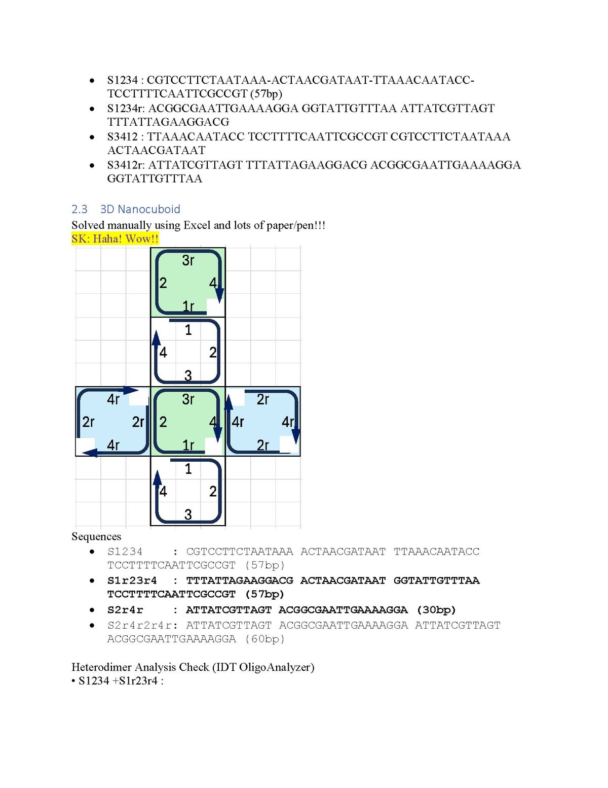 Lab notes: sequences for a 3D DNA nanocuboid, solved by hand on a grid of numbered strands