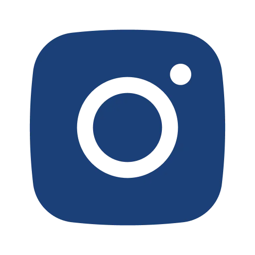 Blue Instagram logo with a rounded square camera icon and a circular lens inside.