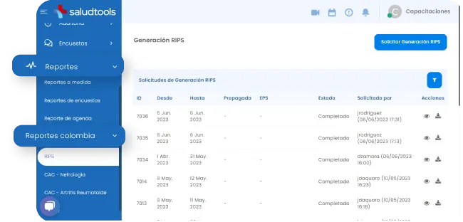 Screenshot of Saludtools web app showing the 'Generación RIPS' report page with a sidebar menu including options like Asistencia, Encuestas, and Reportes, and a table listing RIPS generation requests with columns for ID, dates, EPS, status, requester, and actions.