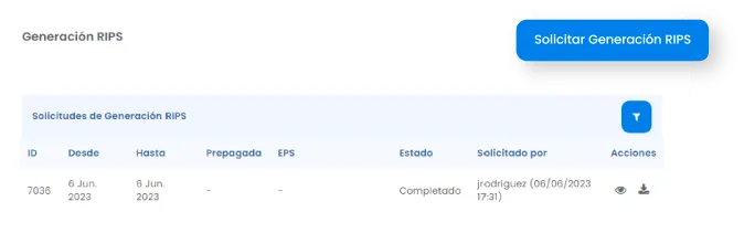 Table displaying RIPS generation requests with columns for ID, date range, status, requester, and action icons.