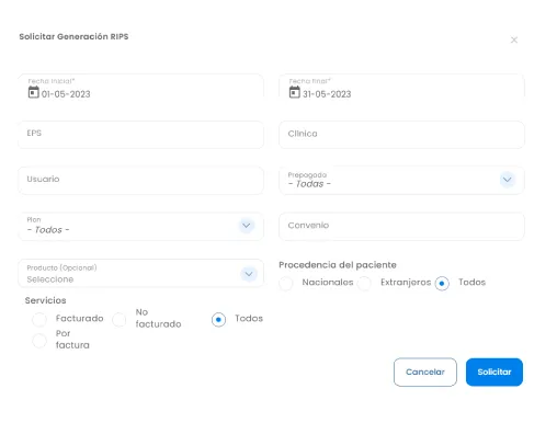 Form interface for requesting RIPS generation with fields for start and end dates, EPS, clinic, user, prepago, plan, agreement, optional product selection, patient origin, and service billing status, plus Cancel and Request buttons.