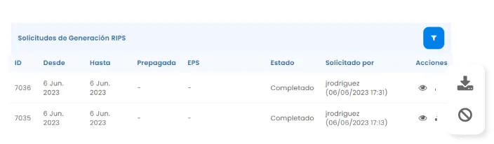Table showing two completed RIPS generation requests with IDs, dates, requester, status, and action icons for view, download, and delete.