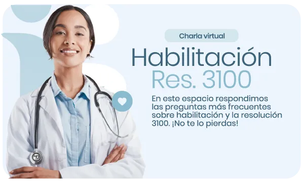 Smiling female doctor with stethoscope on light background with text about a virtual talk on habilitation and Resolution 3100.