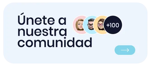 Graphic with text 'Únete a nuestra comunidad' and illustrated faces with a '+100' badge, next to a right arrow button.