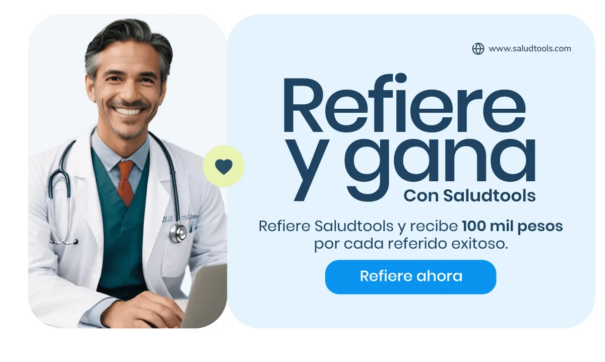 Smiling male doctor in a white coat and stethoscope next to a referral promotion offering 100,000 pesos for each successful Saludtools referral.