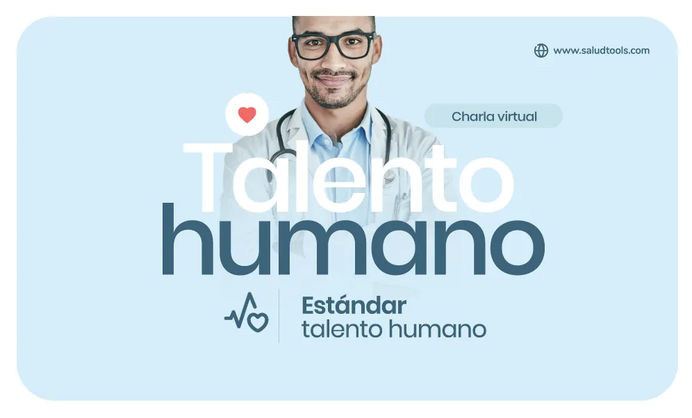 Smiling male doctor wearing glasses and a stethoscope with text overlay promoting a virtual talk titled 'Talento humano' and 'Estándar talento humano' on a light blue background.