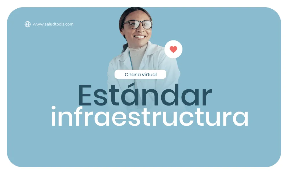 Smiling woman in glasses and white coat with text 'Charla virtual Estándar infraestructura' on blue background.